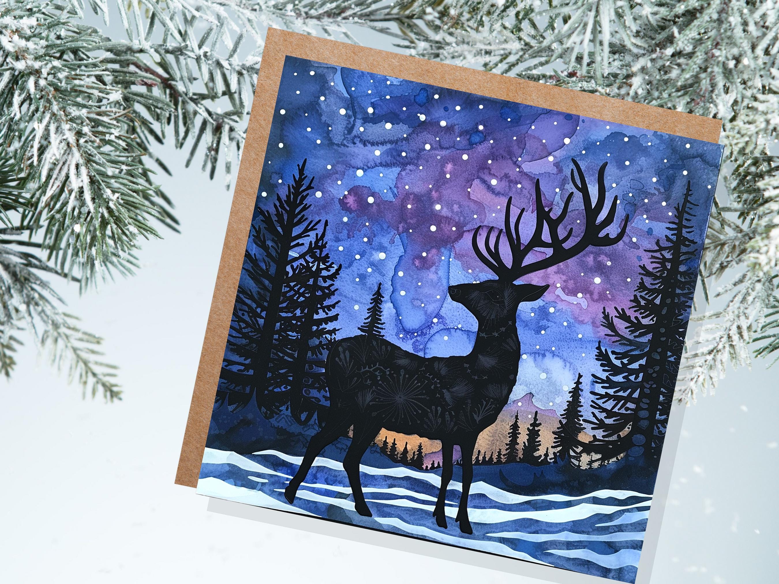 Christmas Card Reindeer Silhouette Winter Night Sky Pine Forest Snow Scene Blue Purple Starry Night Watercolour Art Holiday Greeting 2025 - View 5