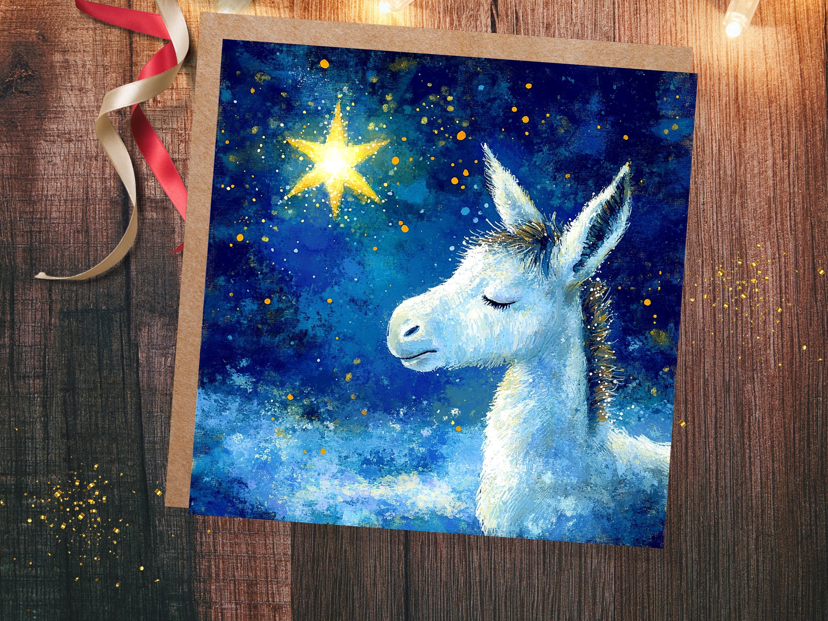 Christmas Card Donkey with North Star of Bethlehem Blue White Gold Starry Night Sky Nativity Unique Festive Greetings for Donkey Lovers 2025 - View 2