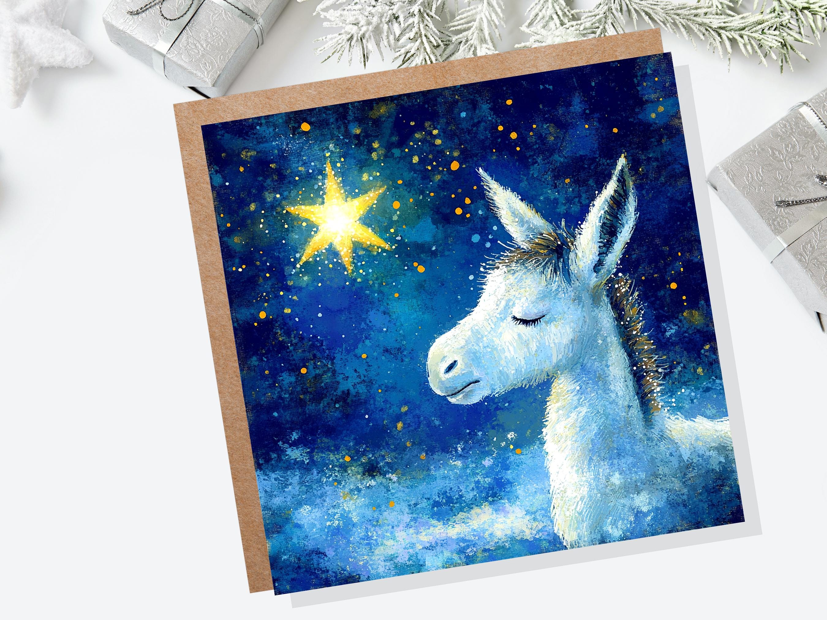 Christmas Card Donkey with North Star of Bethlehem Blue White Gold Starry Night Sky Nativity Unique Festive Greetings for Donkey Lovers 2025 - View 3