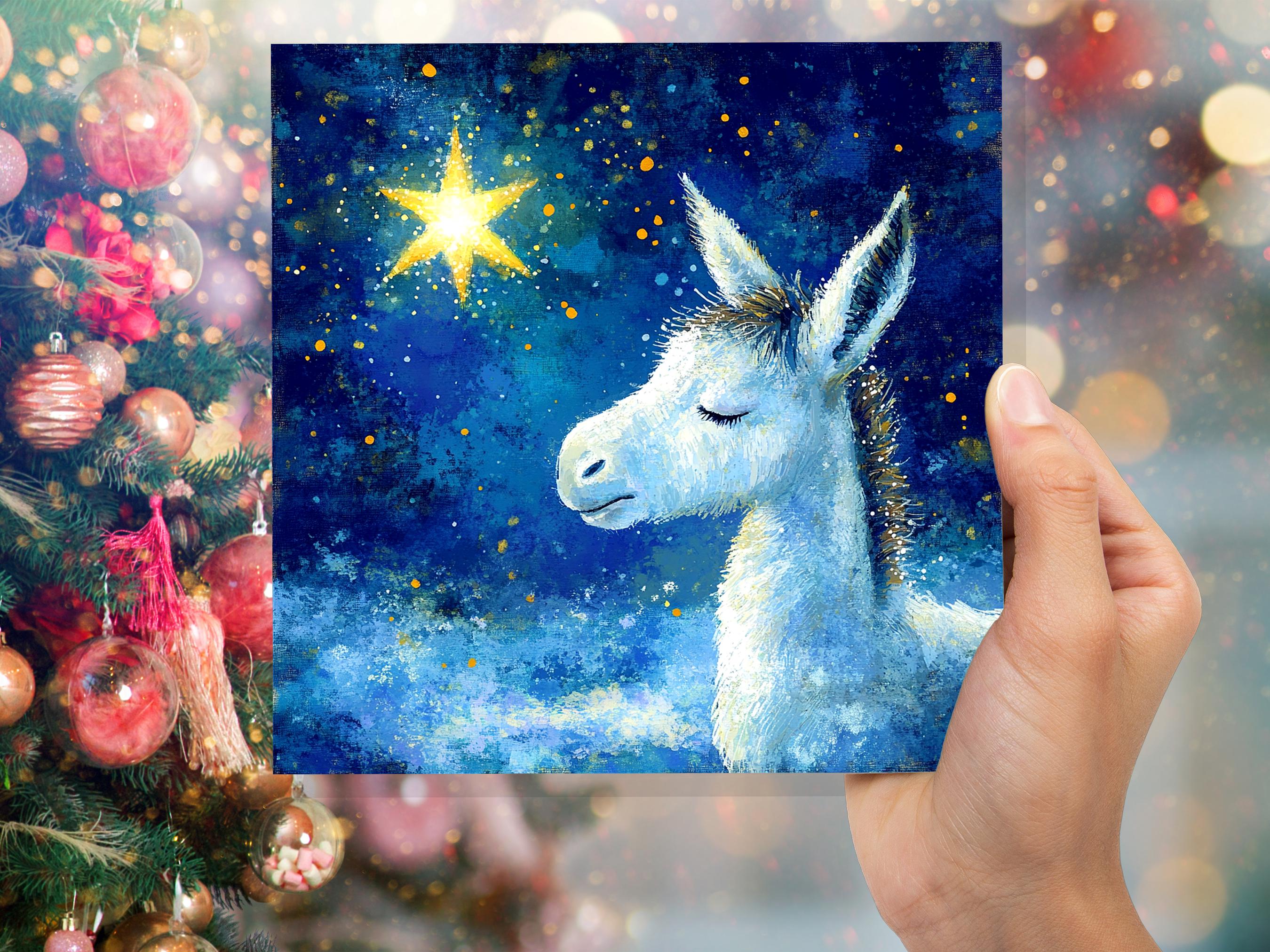 Christmas Card Donkey with North Star of Bethlehem Blue White Gold Starry Night Sky Nativity Unique Festive Greetings for Donkey Lovers 2025 - View 7