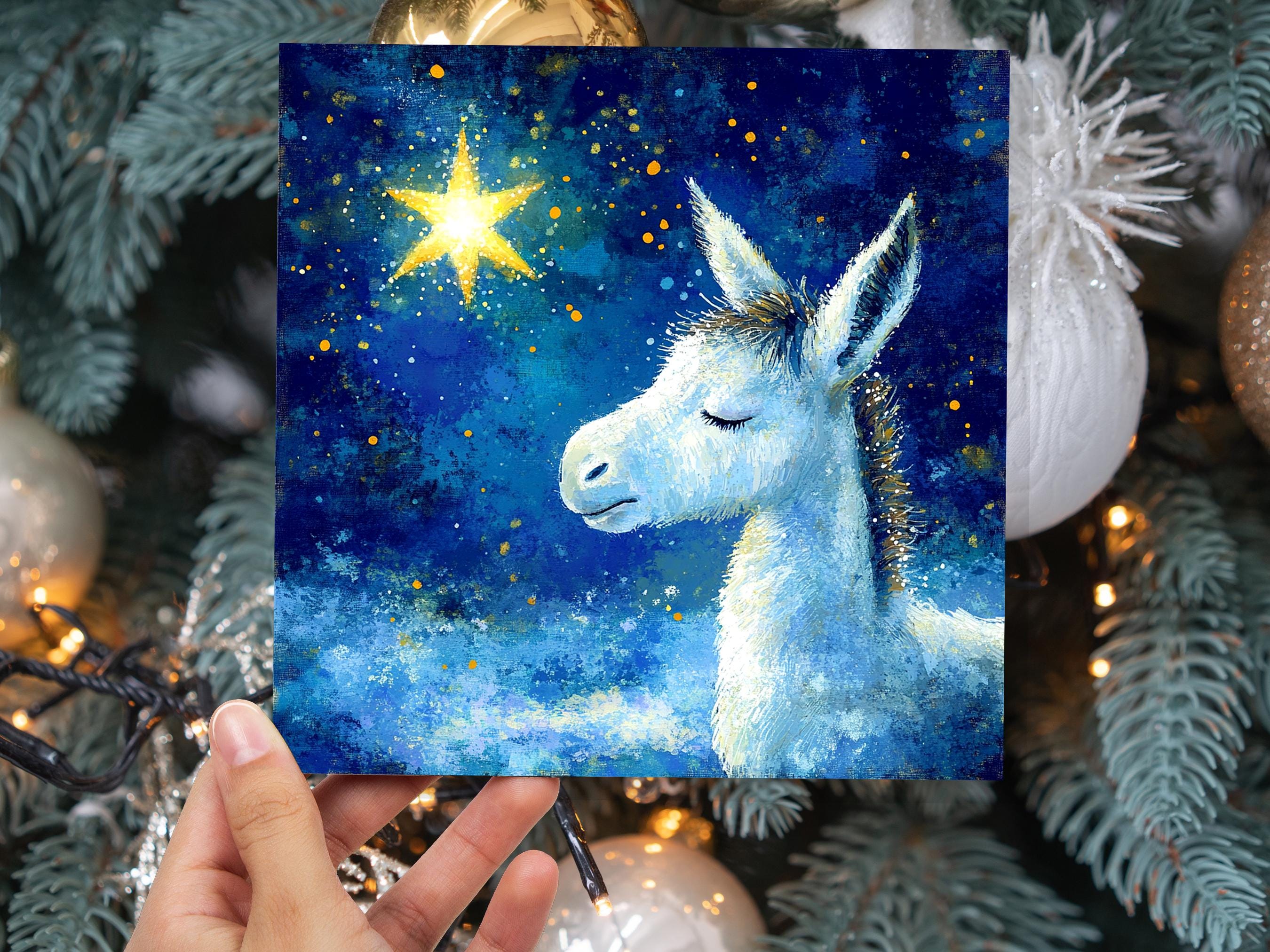 Christmas Card Donkey with North Star of Bethlehem Blue White Gold Starry Night Sky Nativity Unique Festive Greetings for Donkey Lovers 2025 - View 6