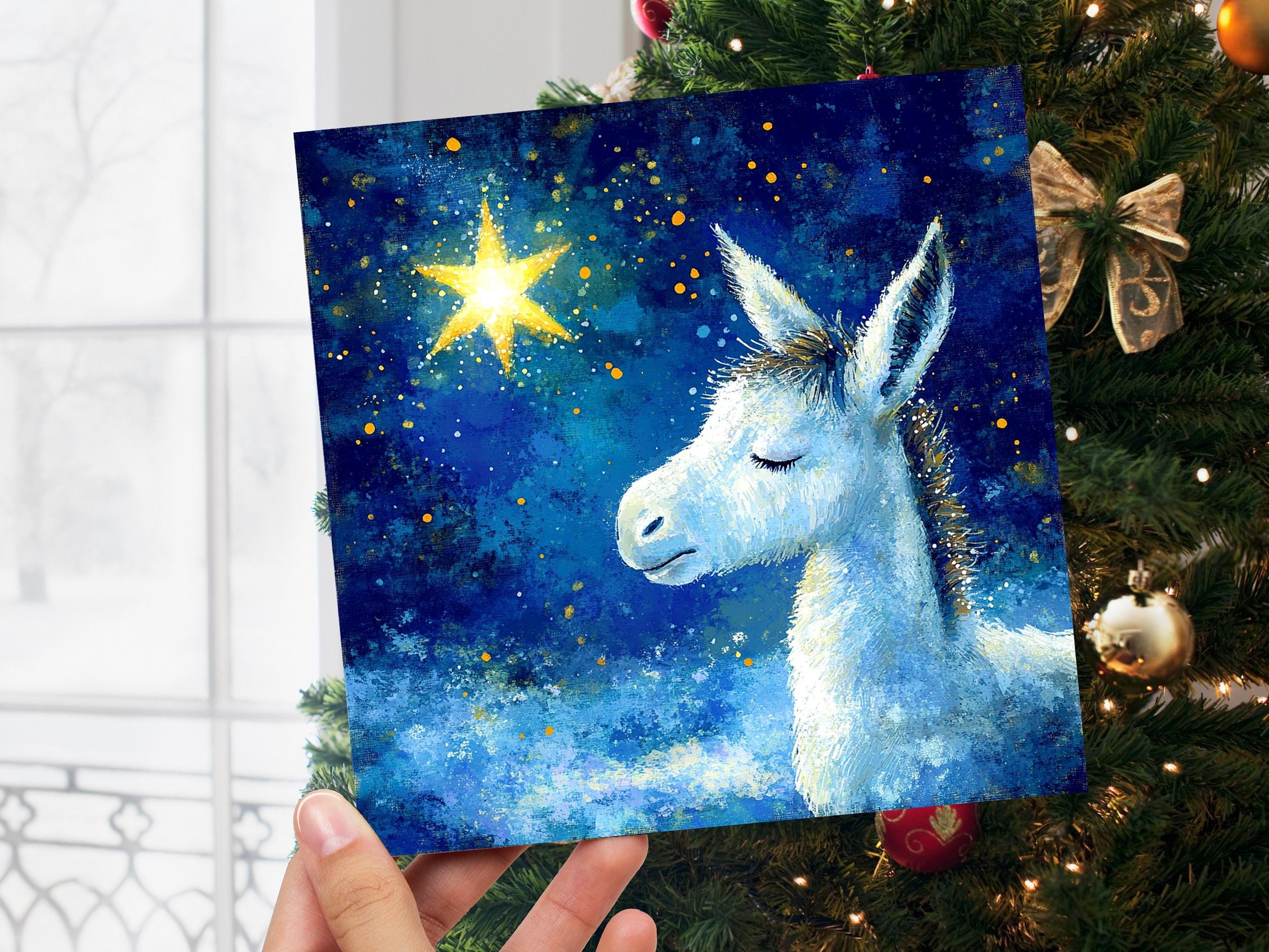 Christmas Card Donkey with North Star of Bethlehem Blue White Gold Starry Night Sky Nativity Unique Festive Greetings for Donkey Lovers 2025 - View 5