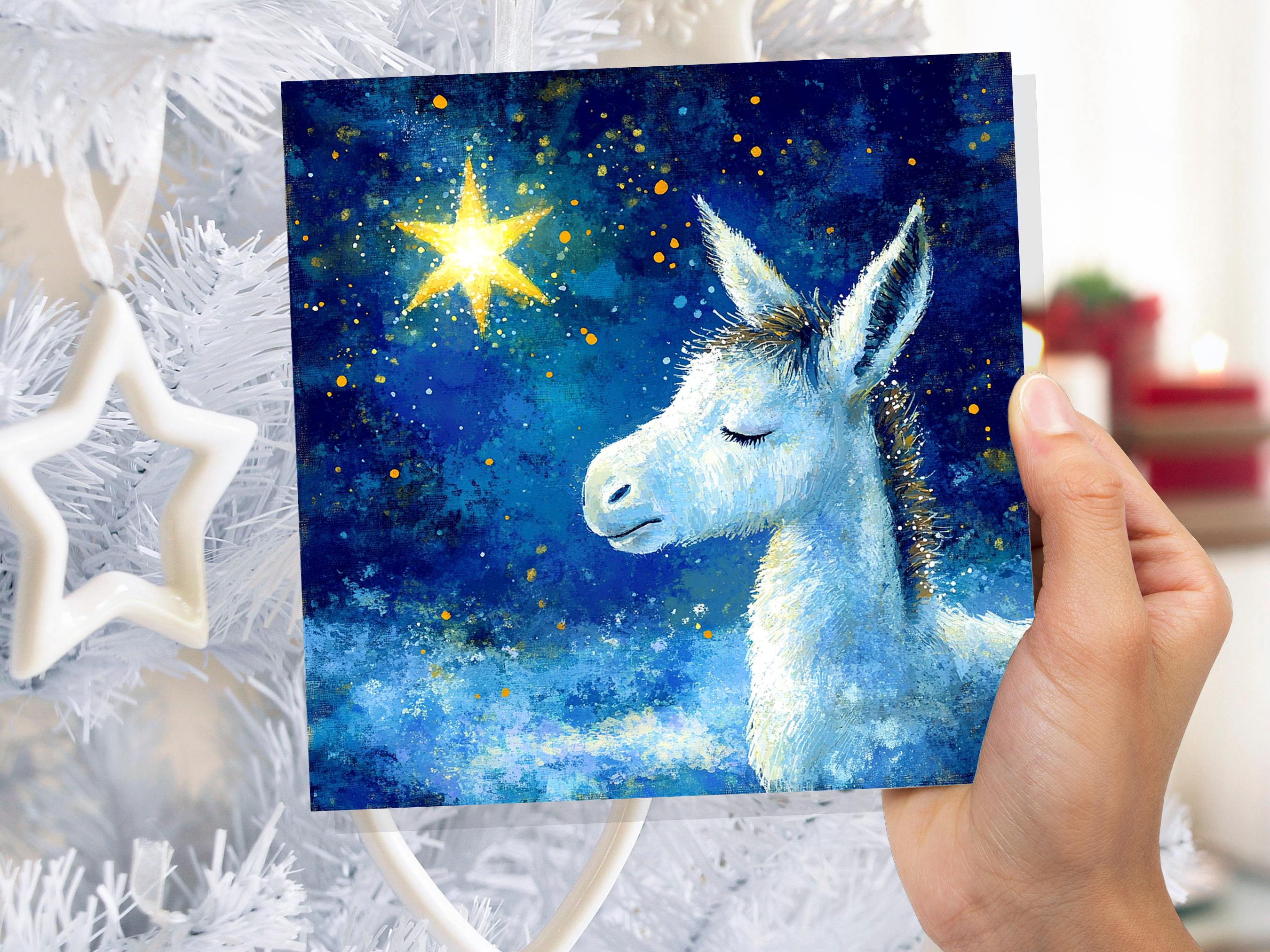 Christmas Card Donkey with North Star of Bethlehem Blue White Gold Starry Night Sky Nativity Unique Festive Greetings for Donkey Lovers 2025 - View 9