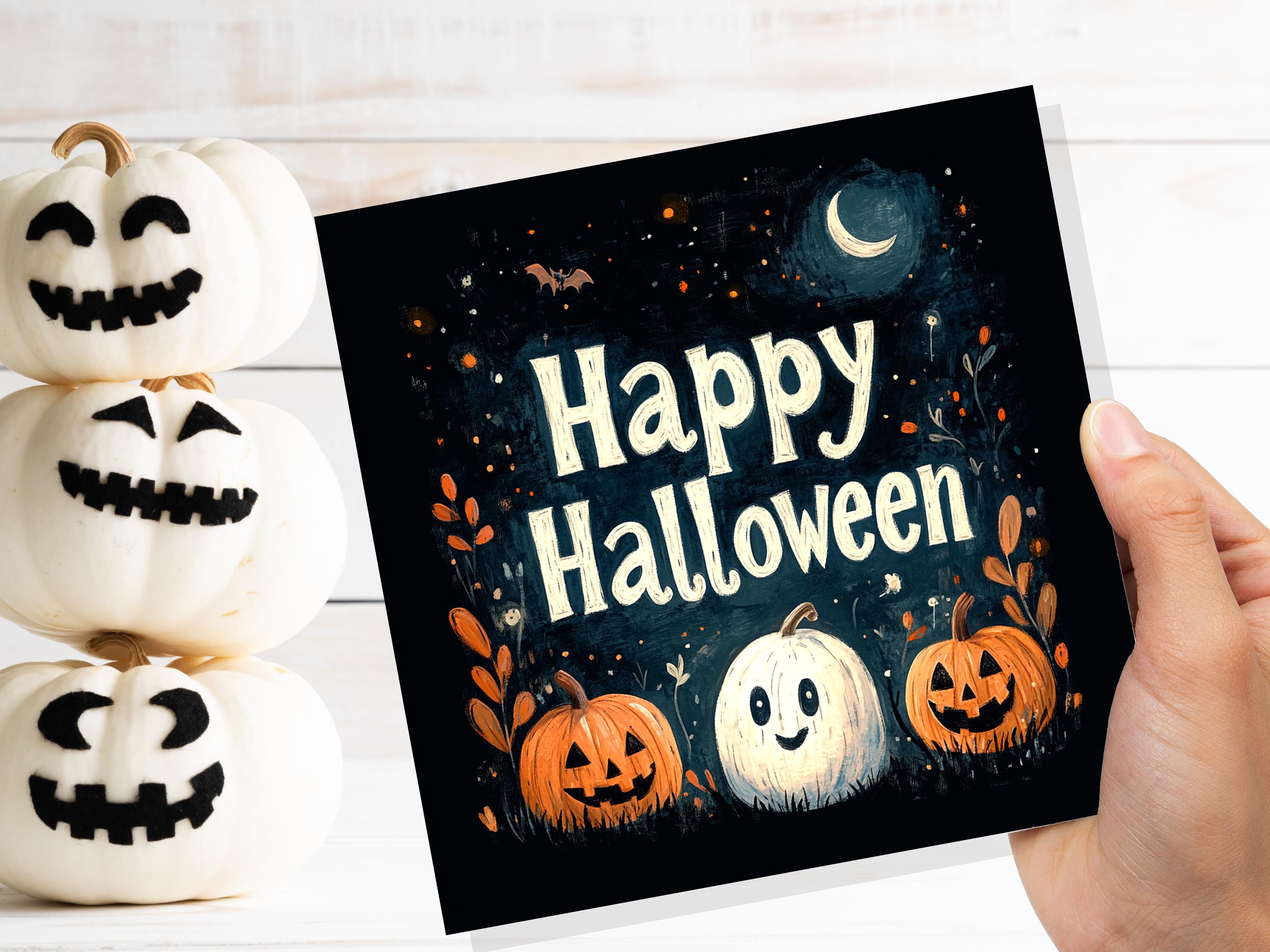 Happy Halloween Pumpkins Greeting Card Cute Jack-o'-Lanterns Ghost Pumpkin Crescent Moon Unique Card For Family Friends Spooky Party Invites - View 8