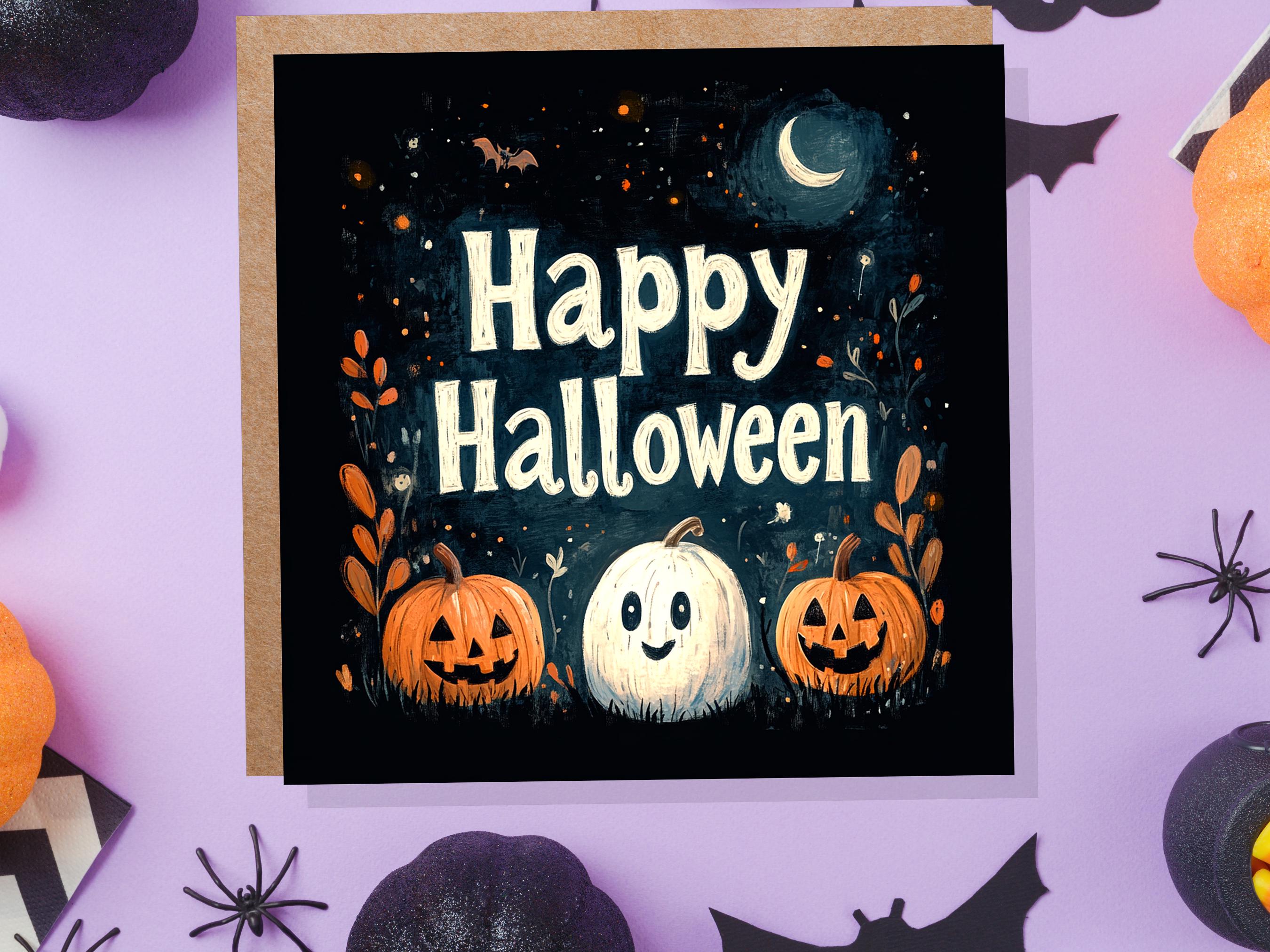 Happy Halloween Pumpkins Greeting Card Cute Jack-o'-Lanterns Ghost Pumpkin Crescent Moon Unique Card For Family Friends Spooky Party Invites - View 4