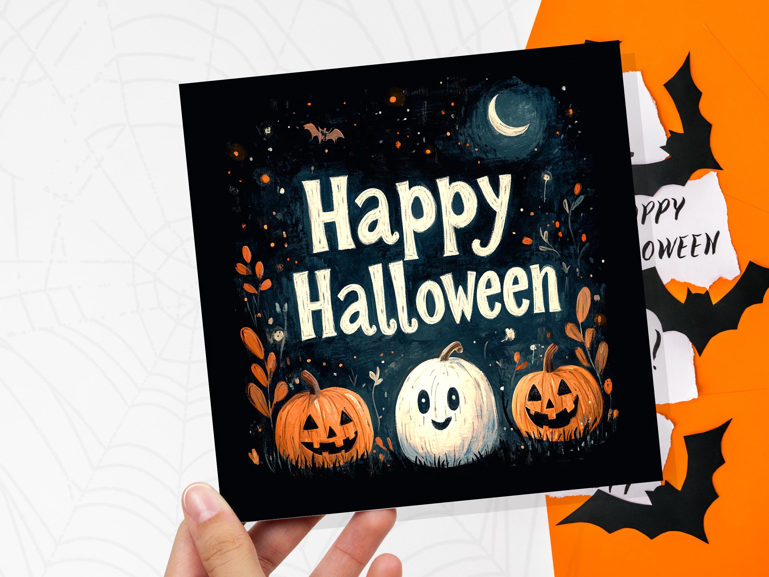 Happy Halloween Pumpkins Greeting Card Cute Jack-o'-Lanterns Ghost Pumpkin Crescent Moon Unique Card For Family Friends Spooky Party Invites - View 6