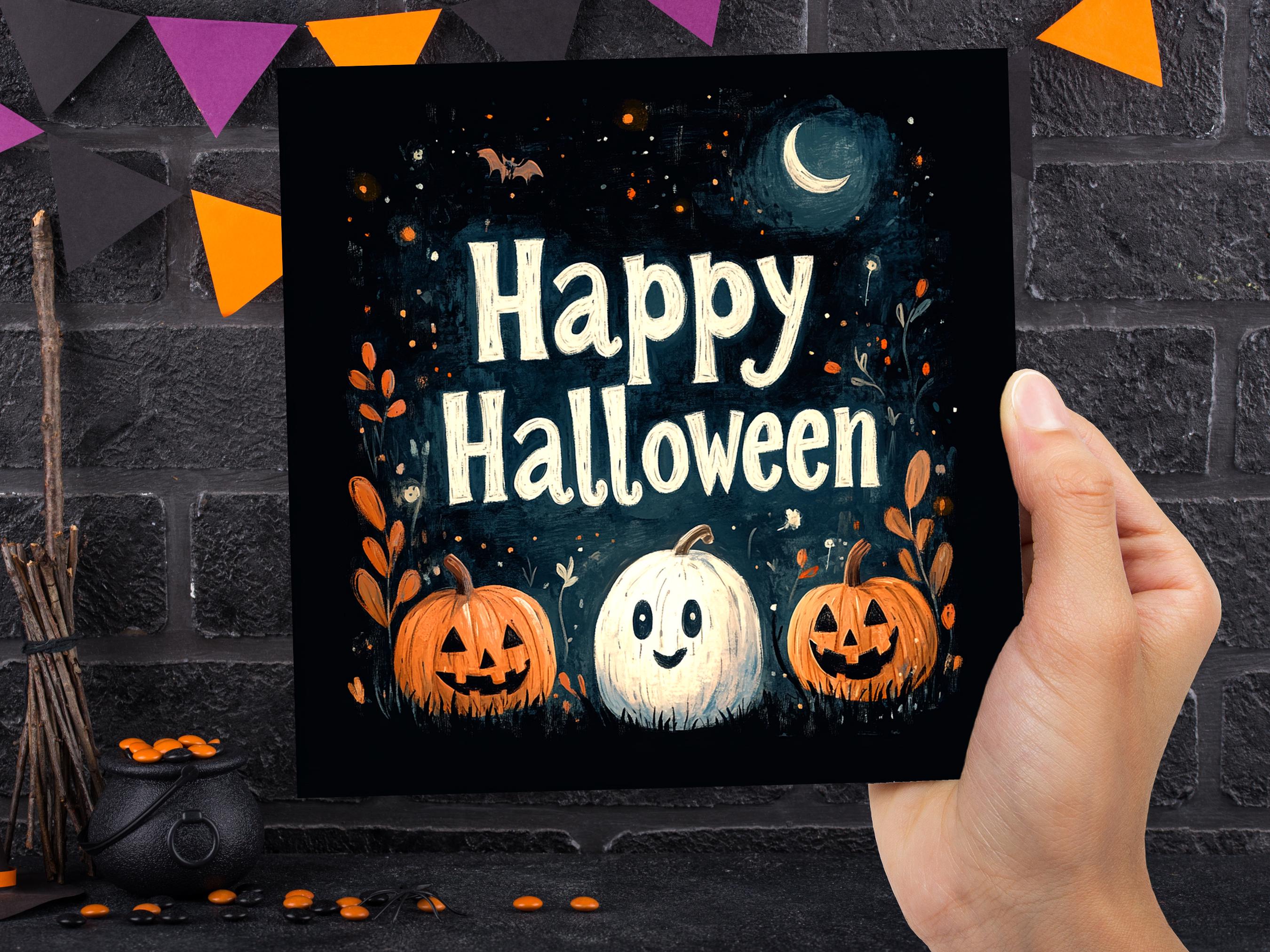 Happy Halloween Pumpkins Greeting Card Cute Jack-o'-Lanterns Ghost Pumpkin Crescent Moon Unique Card For Family Friends Spooky Party Invites - View 7
