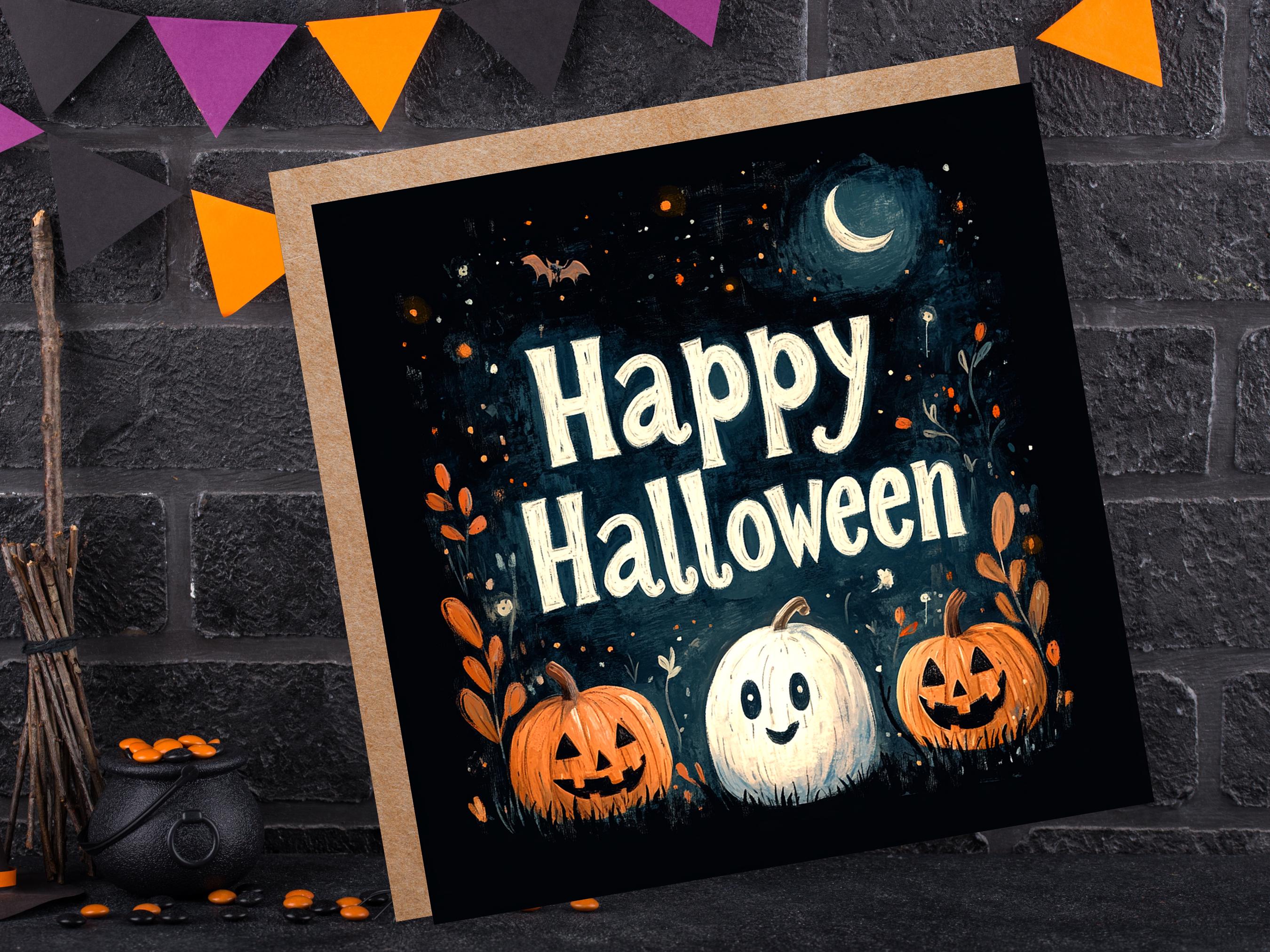 Happy Halloween Pumpkins Greeting Card Cute Jack-o'-Lanterns Ghost Pumpkin Crescent Moon Unique Card For Family Friends Spooky Party Invites - View 2