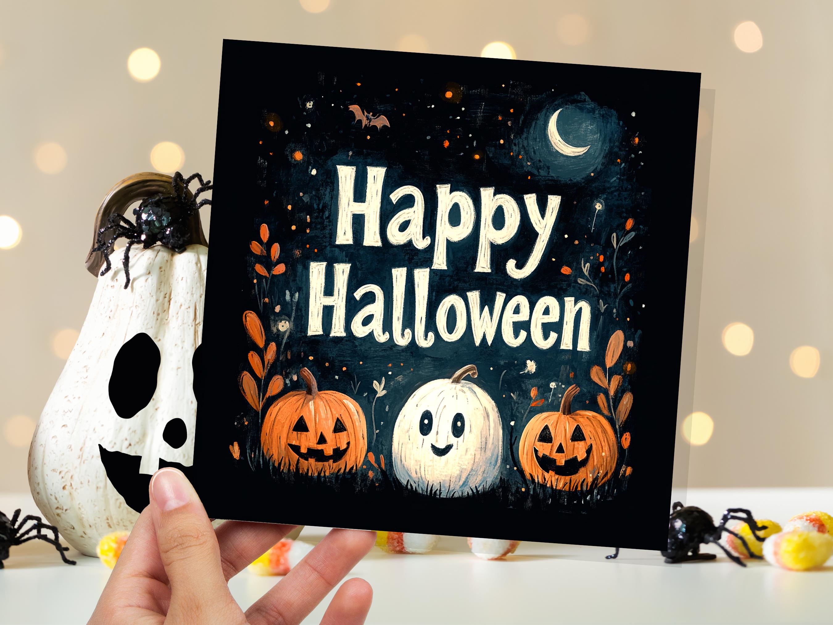 Happy Halloween Pumpkins Greeting Card Cute Jack-o'-Lanterns Ghost Pumpkin Crescent Moon Unique Card For Family Friends Spooky Party Invites - View 5