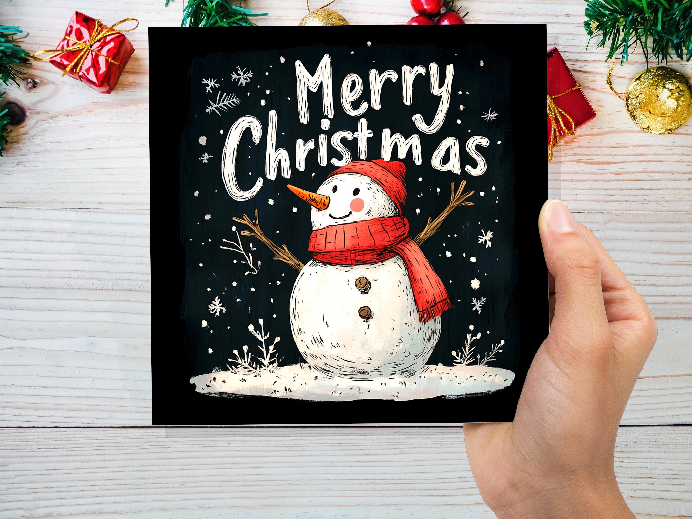 Merry Christmas Greeting Card with Cute Snowman Illustration with Snowflakes and Red Hat Scarf Unique Festive Card Family Friends Xmas 2025 - View 9