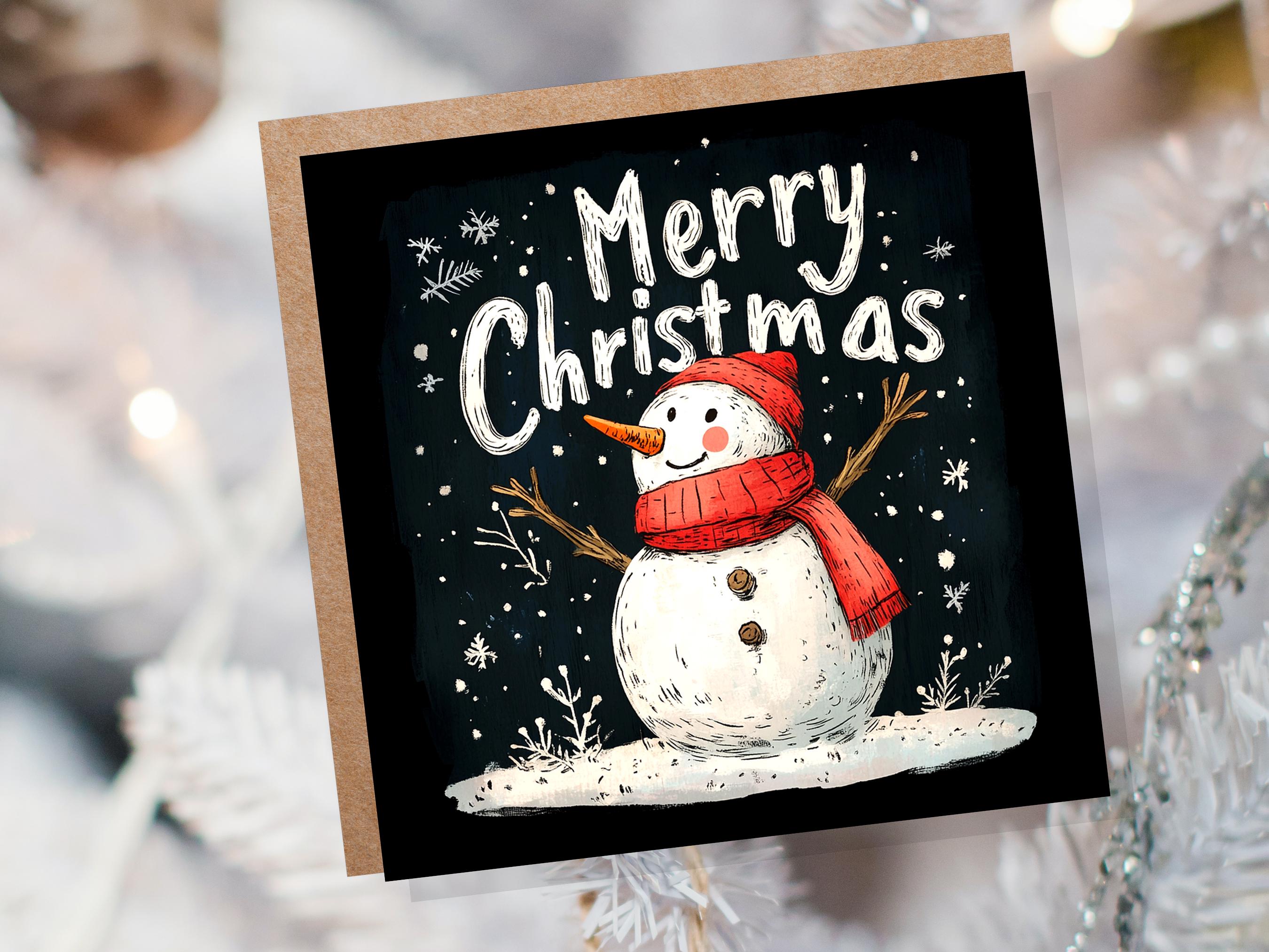 Merry Christmas Greeting Card with Cute Snowman Illustration with Snowflakes and Red Hat Scarf Unique Festive Card Family Friends Xmas 2025 - View 3
