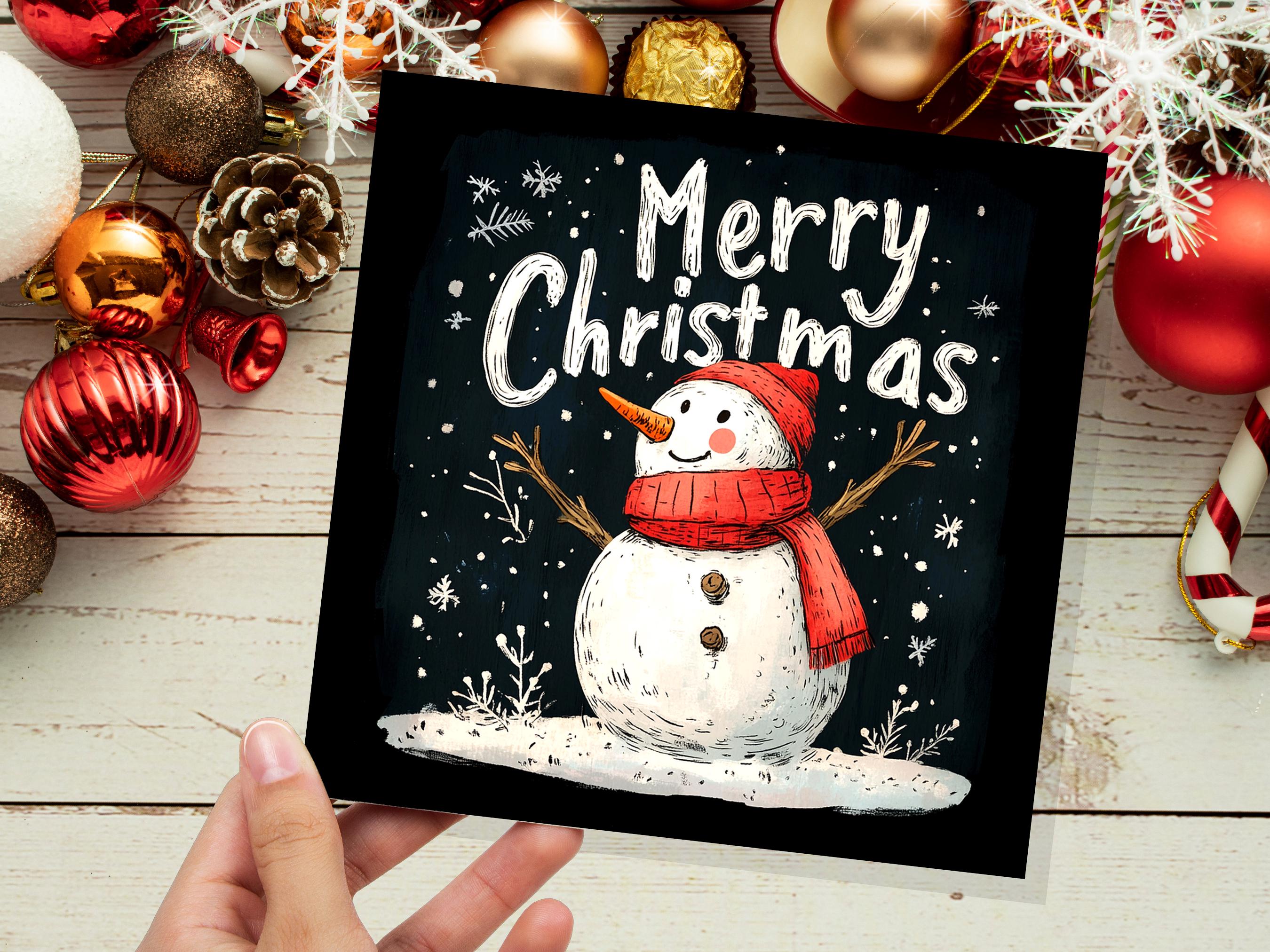 Merry Christmas Greeting Card with Cute Snowman Illustration with Snowflakes and Red Hat Scarf Unique Festive Card Family Friends Xmas 2025 - View 6