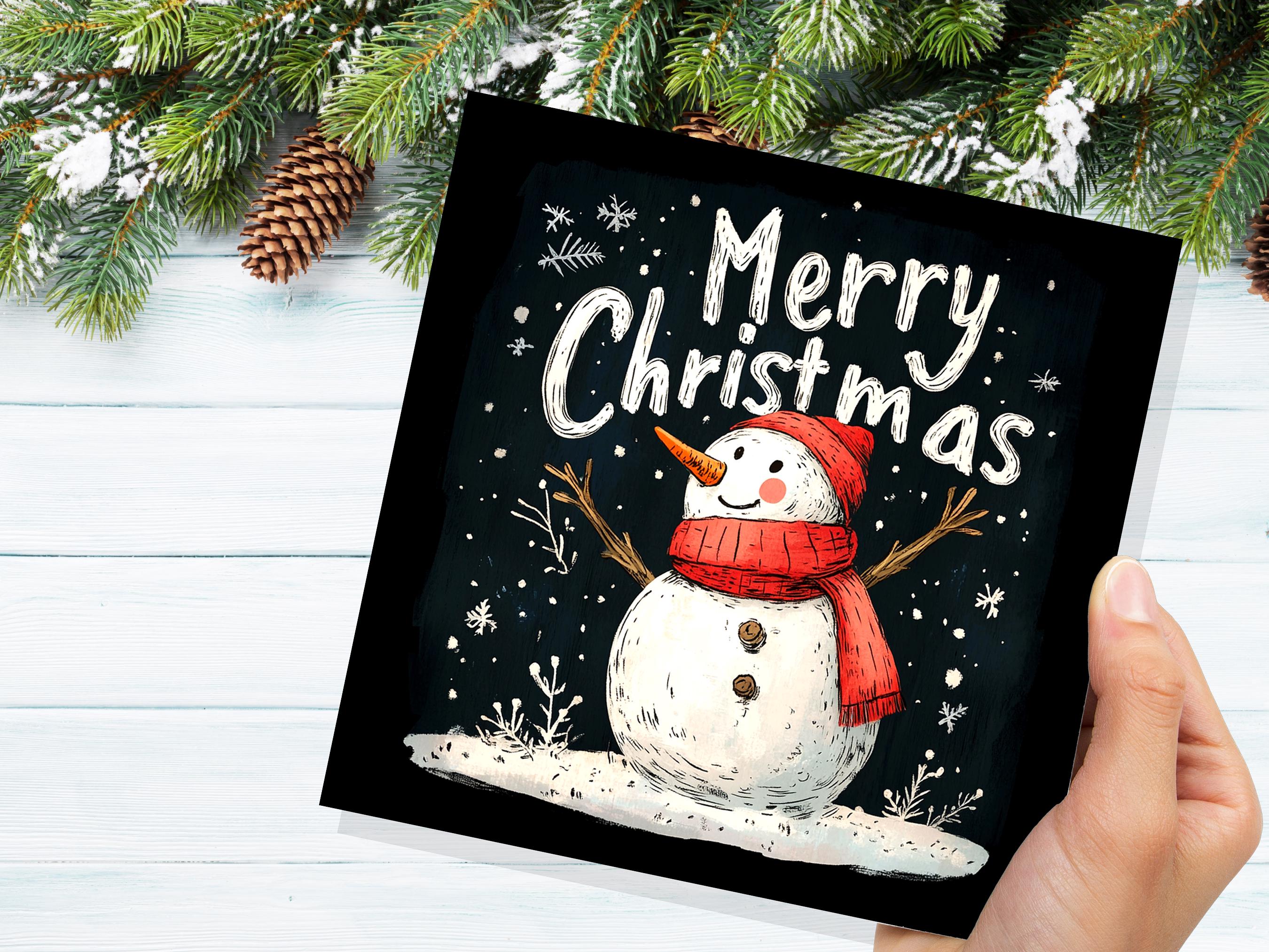 Merry Christmas Greeting Card with Cute Snowman Illustration with Snowflakes and Red Hat Scarf Unique Festive Card Family Friends Xmas 2025 - View 8