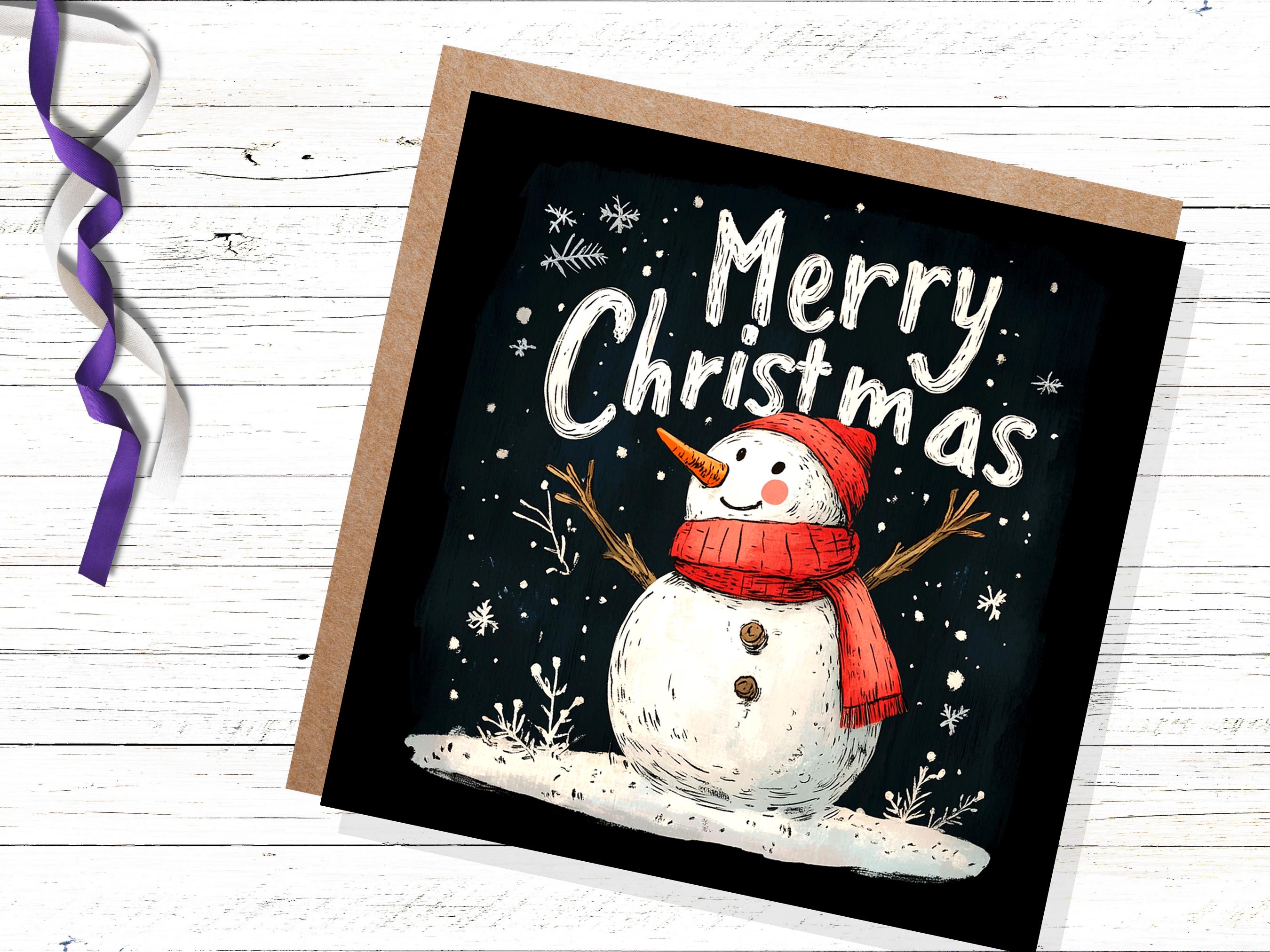 Merry Christmas Greeting Card with Cute Snowman Illustration with Snowflakes and Red Hat Scarf Unique Festive Card Family Friends Xmas 2025 - View 2