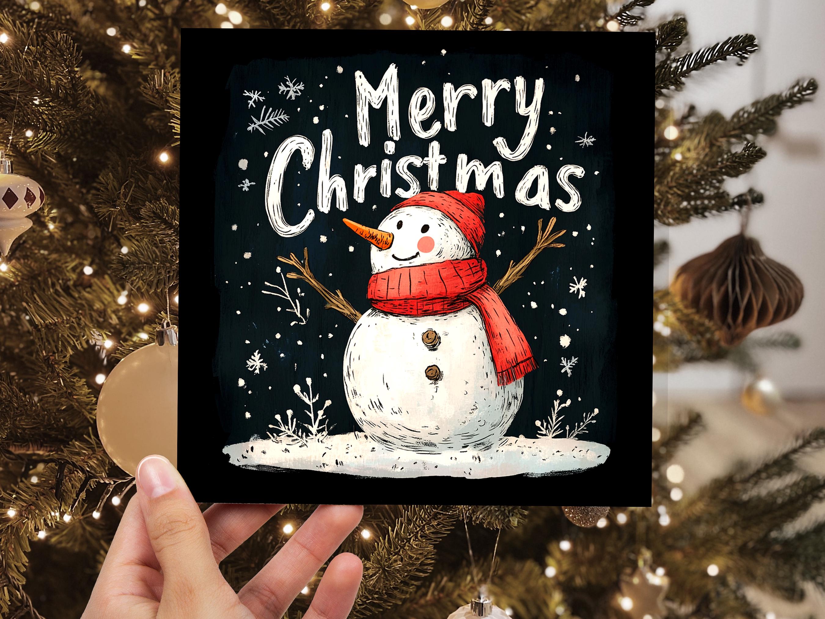 Merry Christmas Greeting Card with Cute Snowman Illustration with Snowflakes and Red Hat Scarf Unique Festive Card Family Friends Xmas 2025 - View 5