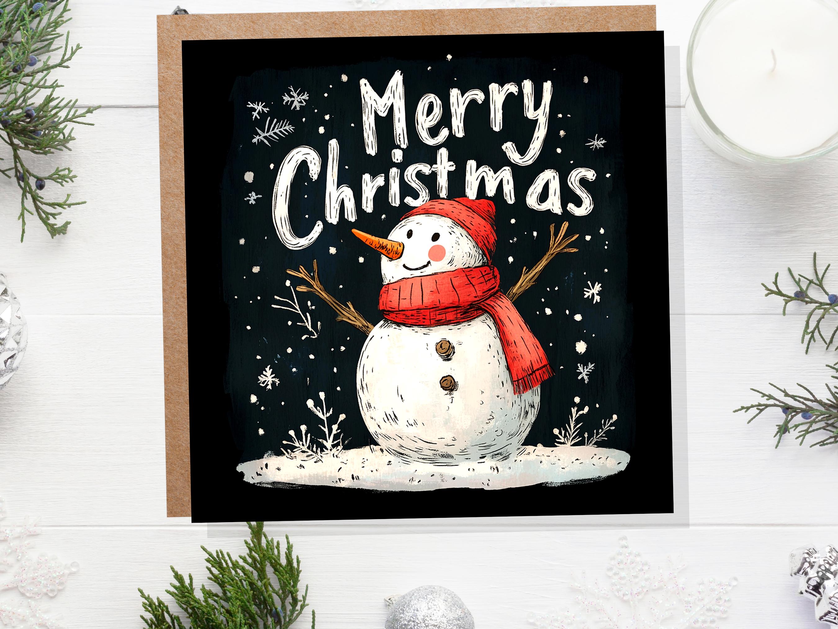 Merry Christmas Greeting Card with Cute Snowman Illustration with Snowflakes and Red Hat Scarf Unique Festive Card Family Friends Xmas 2025 - View 4