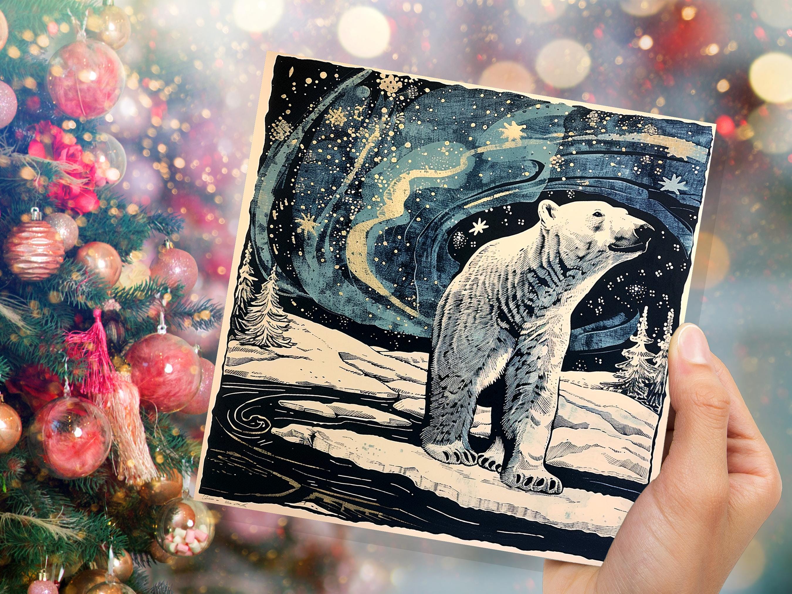 Polar Bear Northern Lights Christmas Card Unique Magical Night Sky Vintage Blue White Whimsical Winter Scene For Family Friends Xmas 2025 - View 8