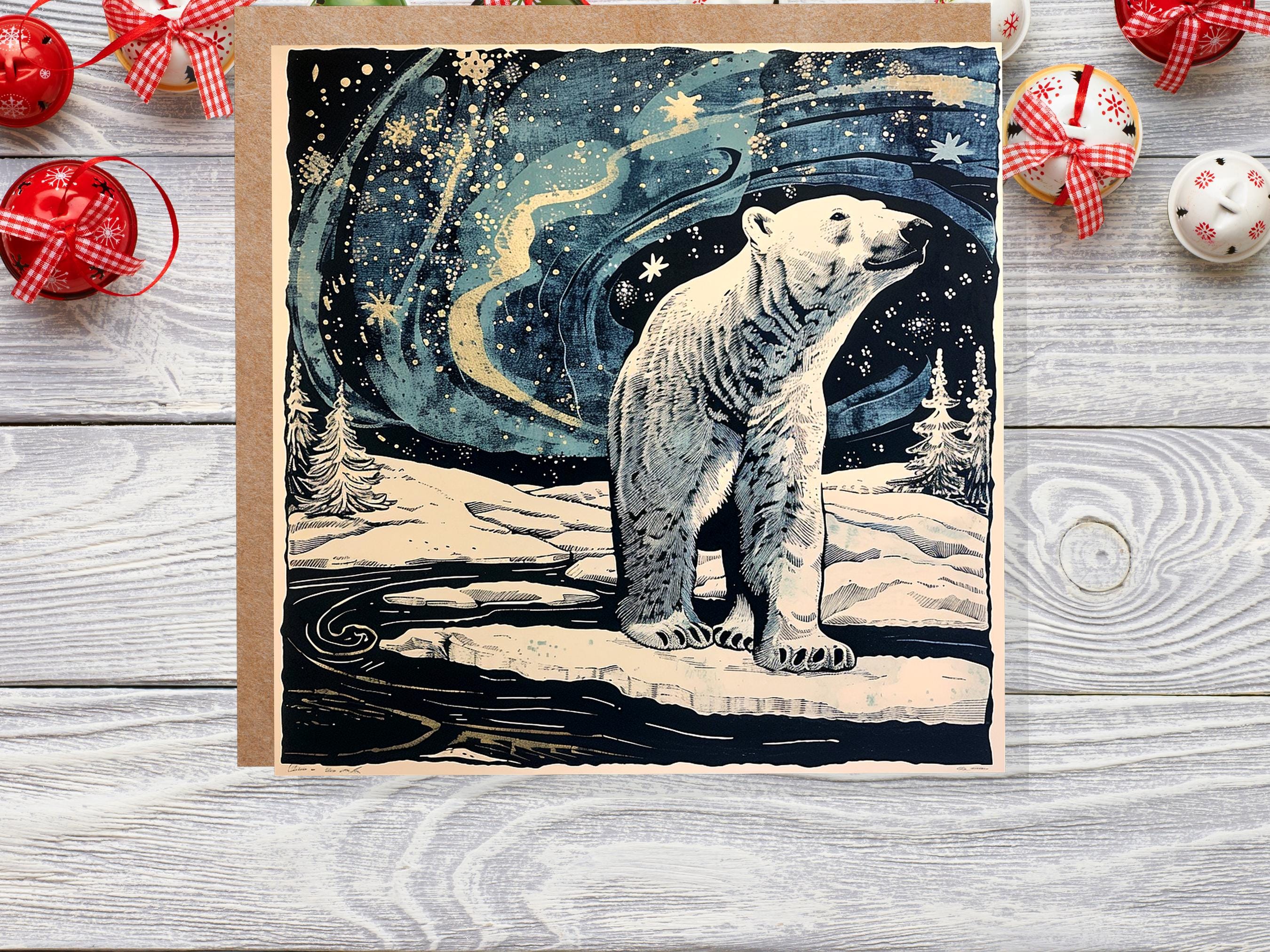 Polar Bear Northern Lights Christmas Card Unique Magical Night Sky Vintage Blue White Whimsical Winter Scene For Family Friends Xmas 2025 - View 2