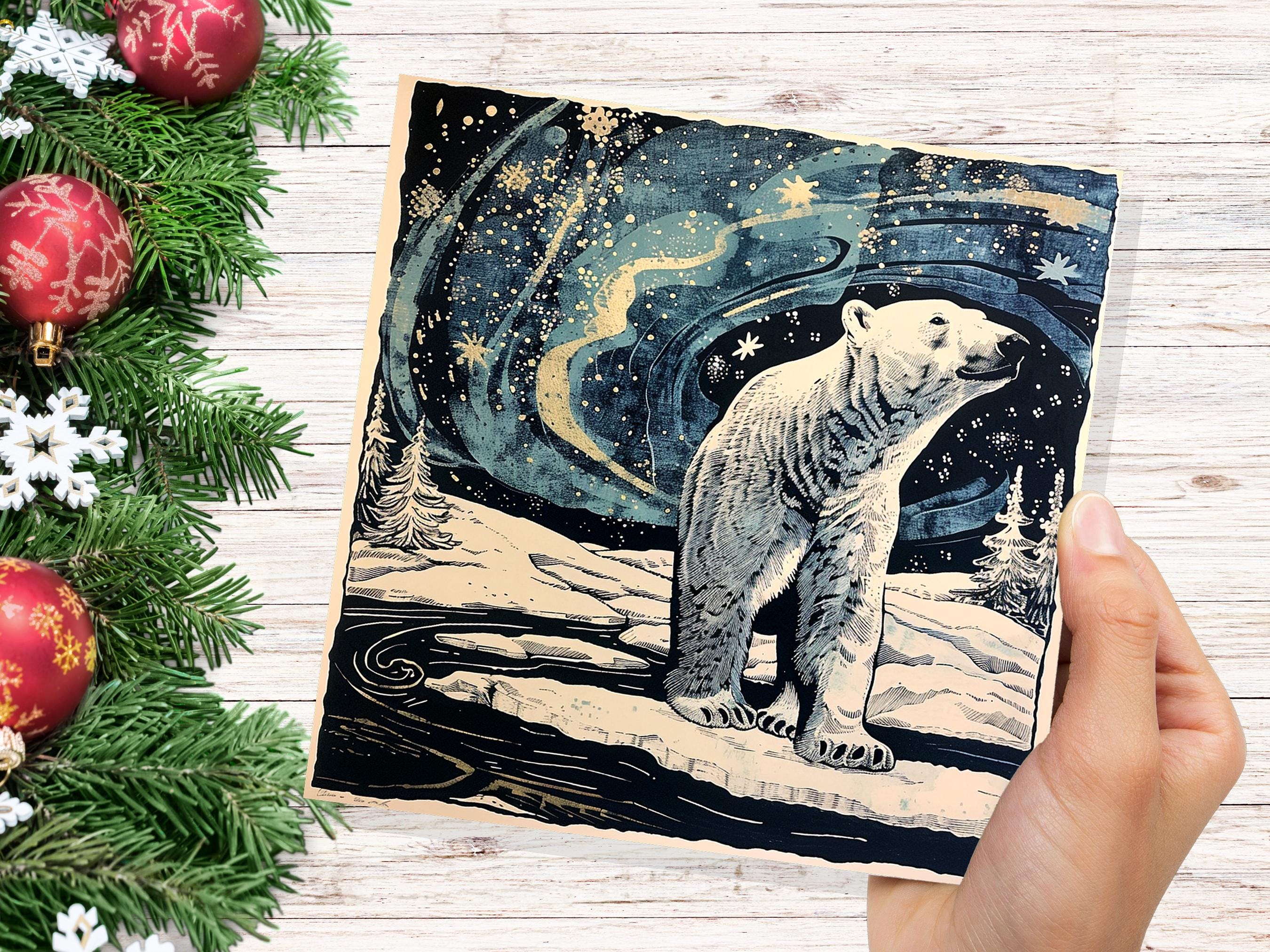 Polar Bear Northern Lights Christmas Card Unique Magical Night Sky Vintage Blue White Whimsical Winter Scene For Family Friends Xmas 2025 - View 5