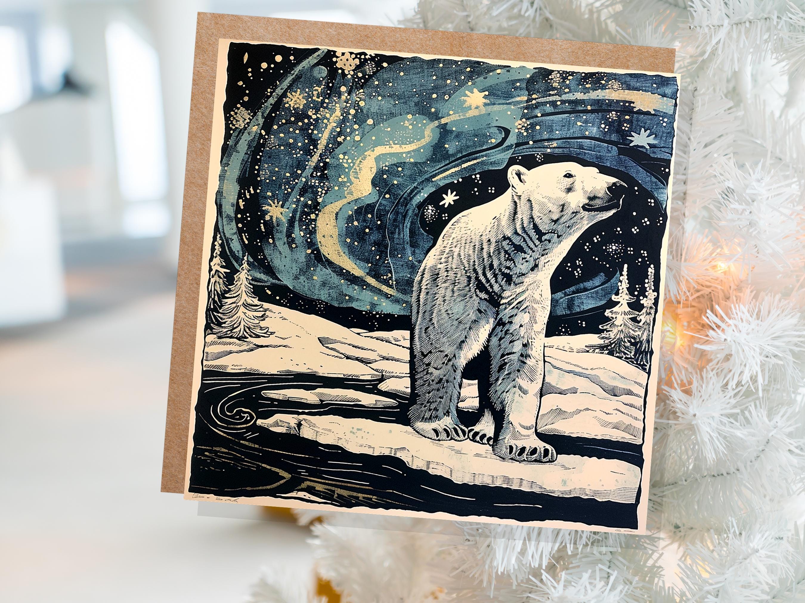 Polar Bear Northern Lights Christmas Card Unique Magical Night Sky Vintage Blue White Whimsical Winter Scene For Family Friends Xmas 2025 - View 4