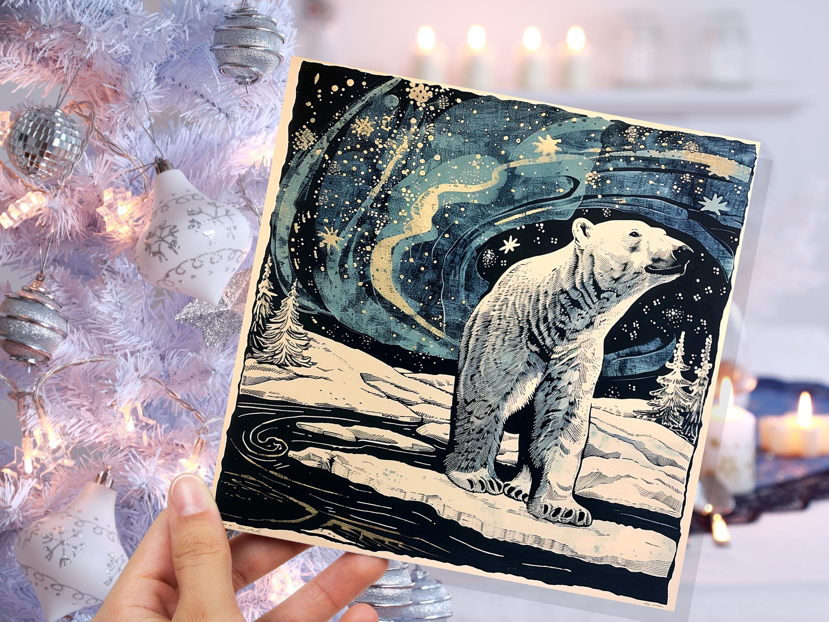 Polar Bear Northern Lights Christmas Card Unique Magical Night Sky Vintage Blue White Whimsical Winter Scene For Family Friends Xmas 2025 - View 6