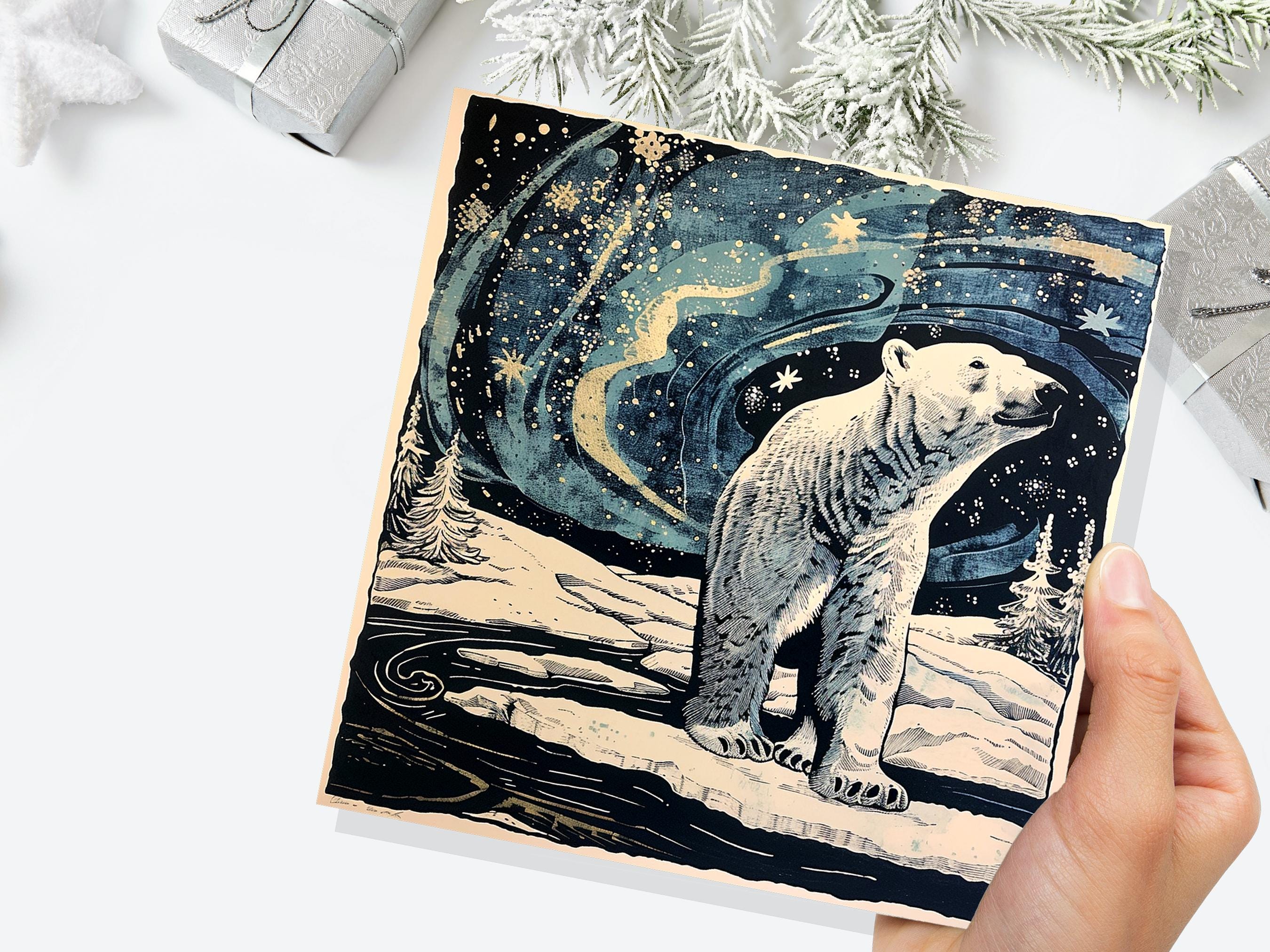 Polar Bear Northern Lights Christmas Card Unique Magical Night Sky Vintage Blue White Whimsical Winter Scene For Family Friends Xmas 2025 - View 9