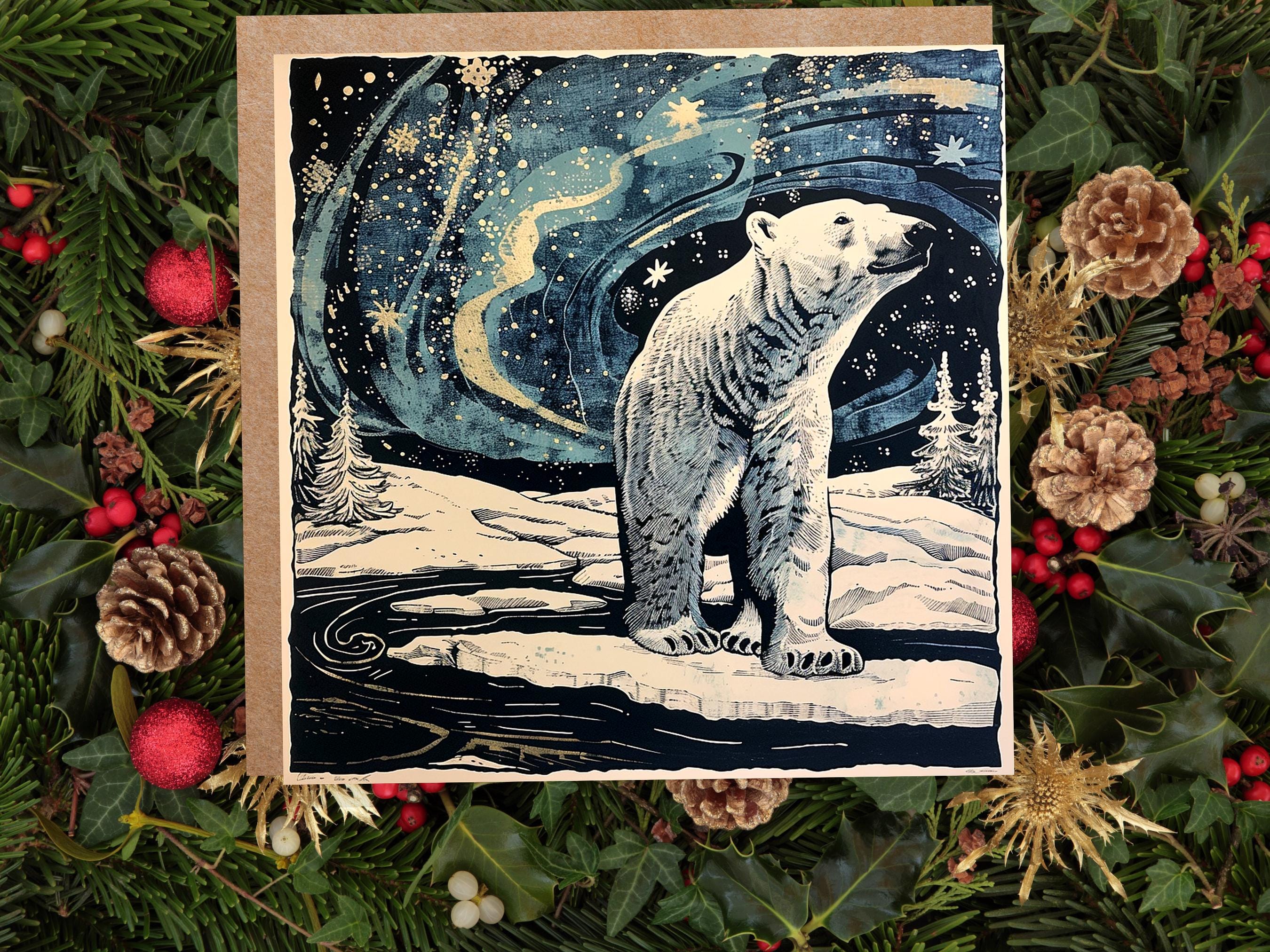 Polar Bear Northern Lights Christmas Card Unique Magical Night Sky Vintage Blue White Whimsical Winter Scene For Family Friends Xmas 2025 - View 7
