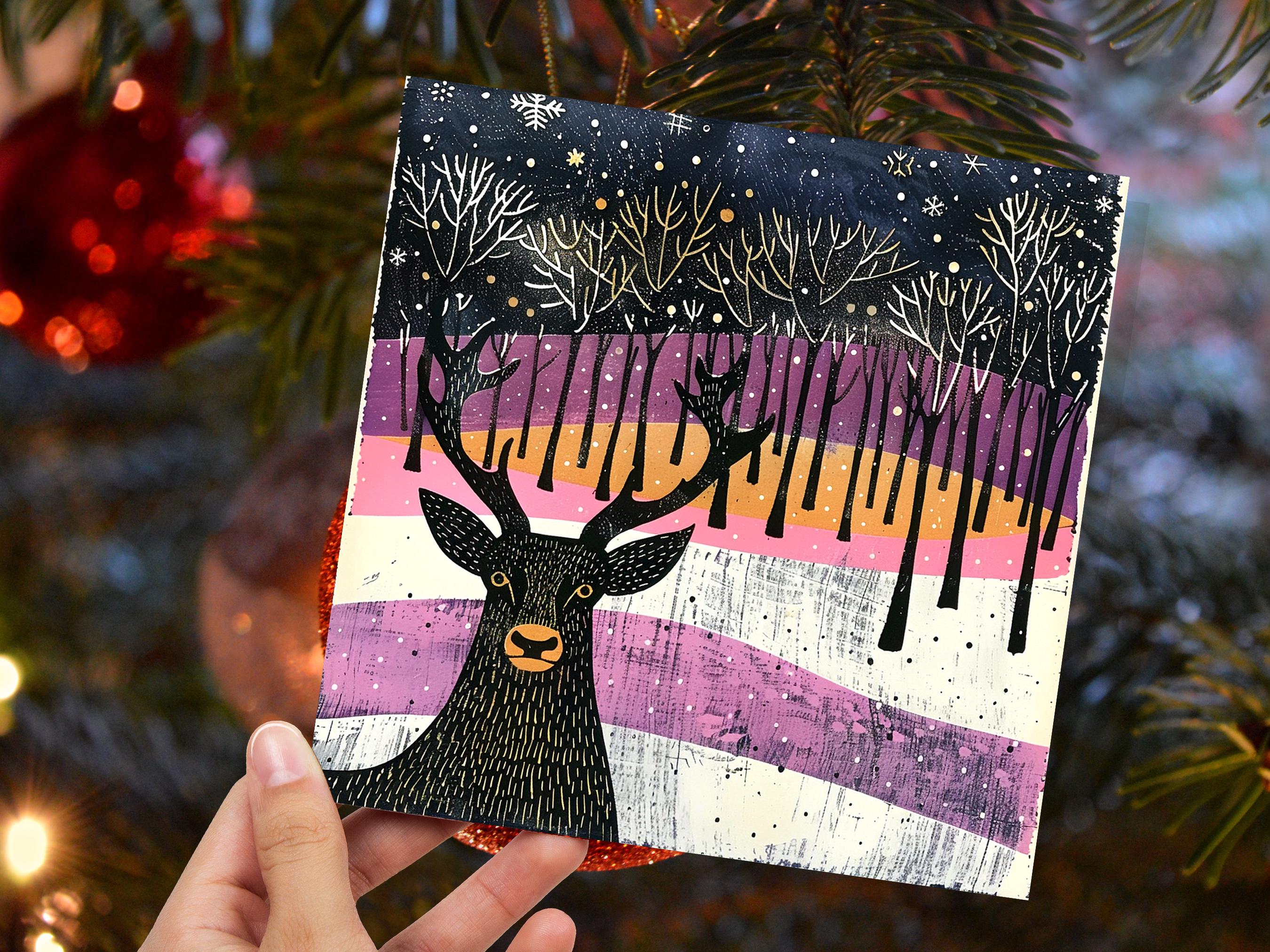 Scandinavian Linocut Deer Christmas Card Black Pink Orange Winter Forest Scene with Snowflakes Reindeer Woodland Art for Family Friends 2025 - View 7