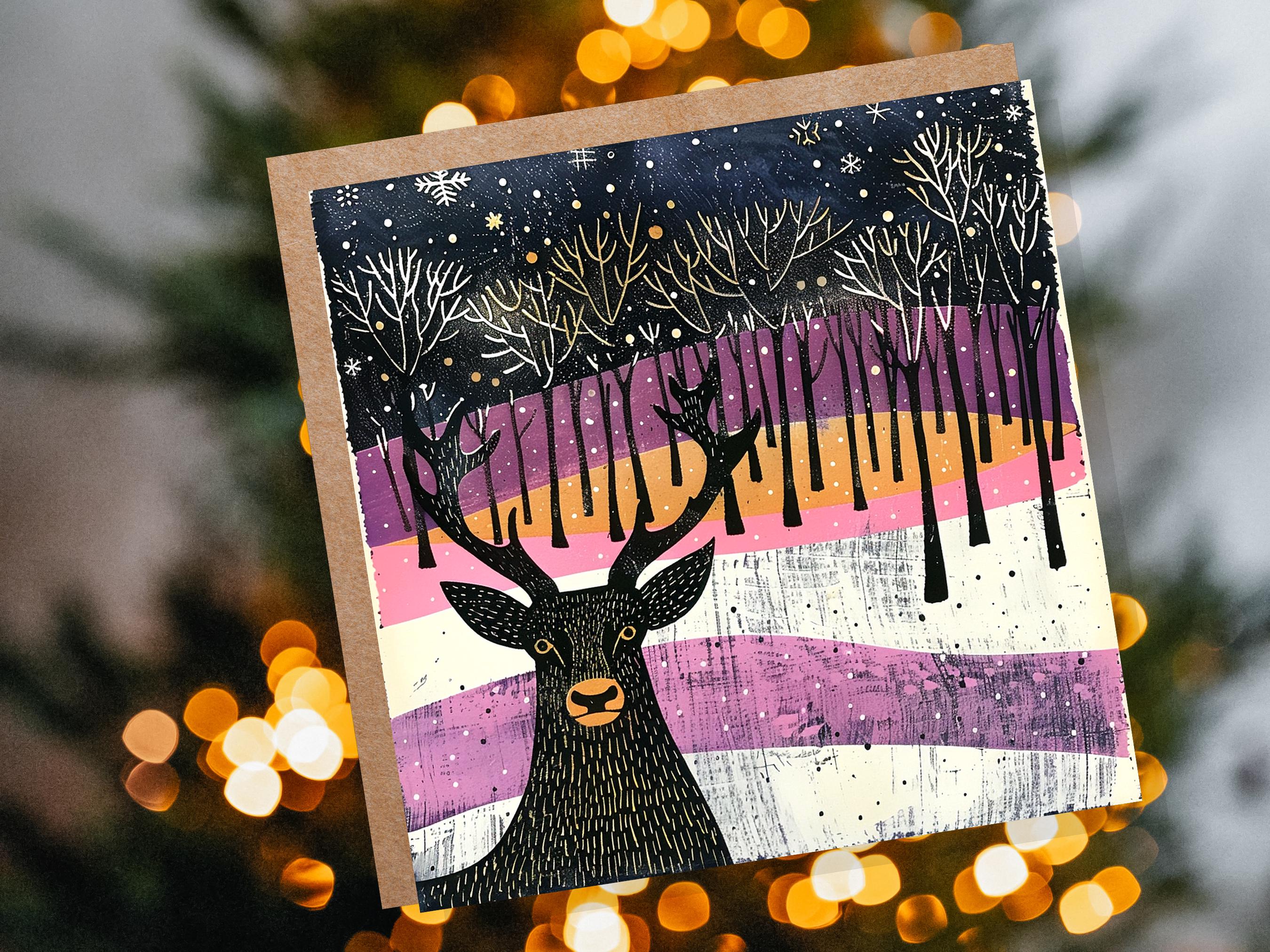 Scandinavian Linocut Deer Christmas Card Black Pink Orange Winter Forest Scene with Snowflakes Reindeer Woodland Art for Family Friends 2025 - View 5
