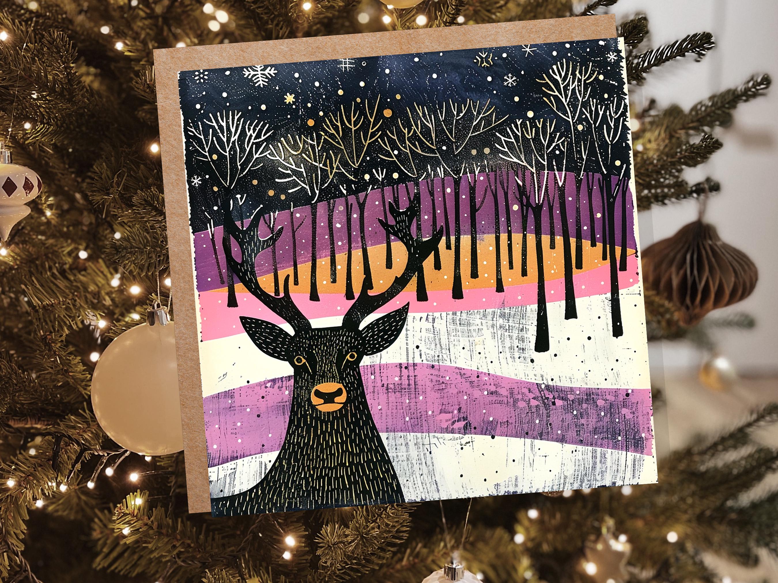 Scandinavian Linocut Deer Christmas Card Black Pink Orange Winter Forest Scene with Snowflakes Reindeer Woodland Art for Family Friends 2025 - View 4