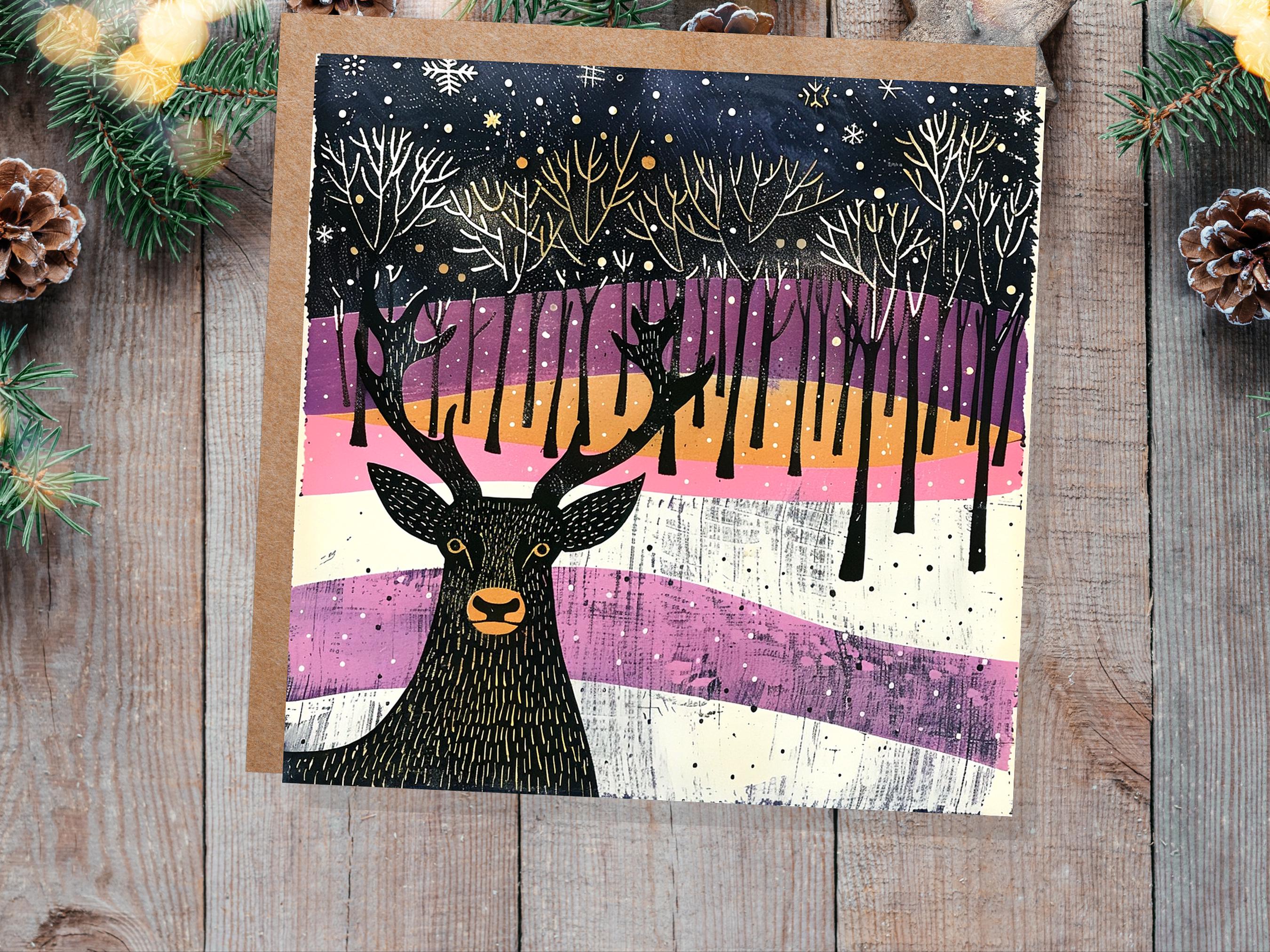 Scandinavian Linocut Deer Christmas Card Black Pink Orange Winter Forest Scene with Snowflakes Reindeer Woodland Art for Family Friends 2025 - View 6
