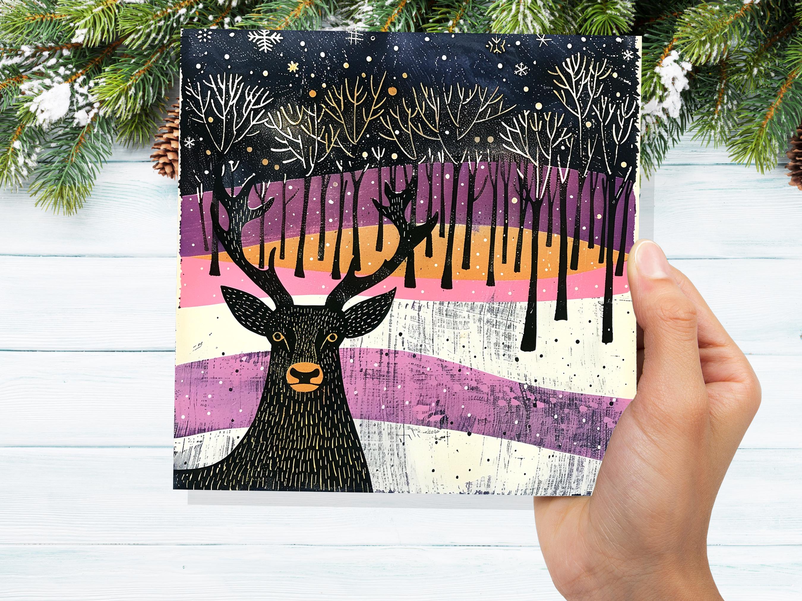 Scandinavian Linocut Deer Christmas Card Black Pink Orange Winter Forest Scene with Snowflakes Reindeer Woodland Art for Family Friends 2025 - View 3