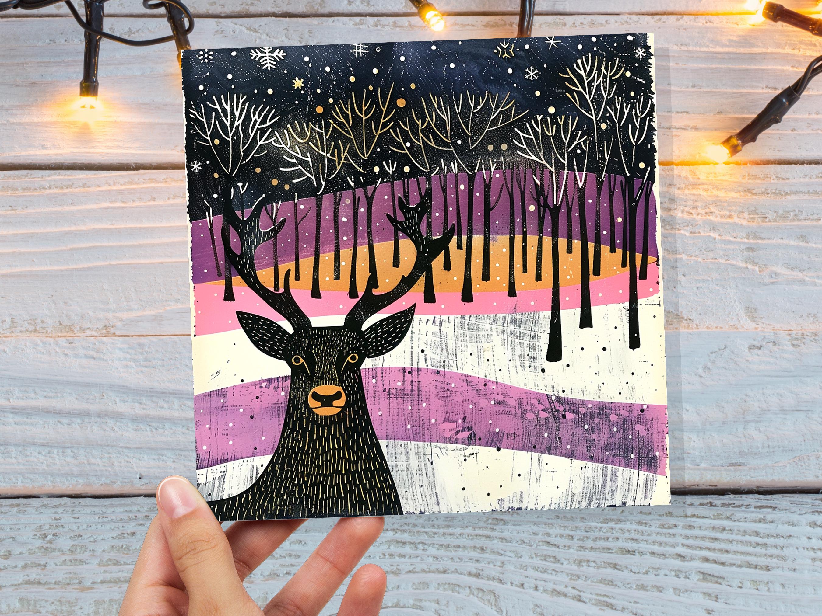 Scandinavian Linocut Deer Christmas Card Black Pink Orange Winter Forest Scene with Snowflakes Reindeer Woodland Art for Family Friends 2025 - View 2