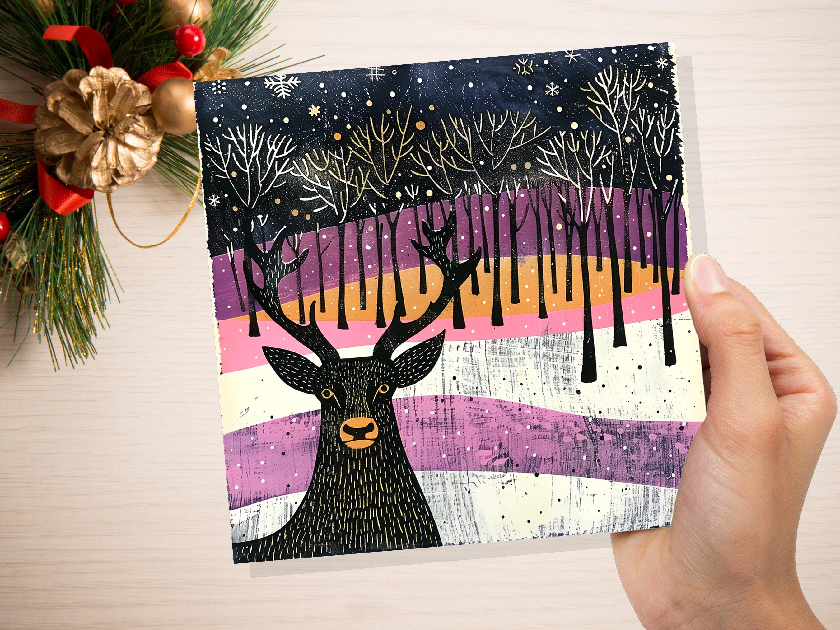 Scandinavian Linocut Deer Christmas Card Black Pink Orange Winter Forest Scene with Snowflakes Reindeer Woodland Art for Family Friends 2025 - View 8