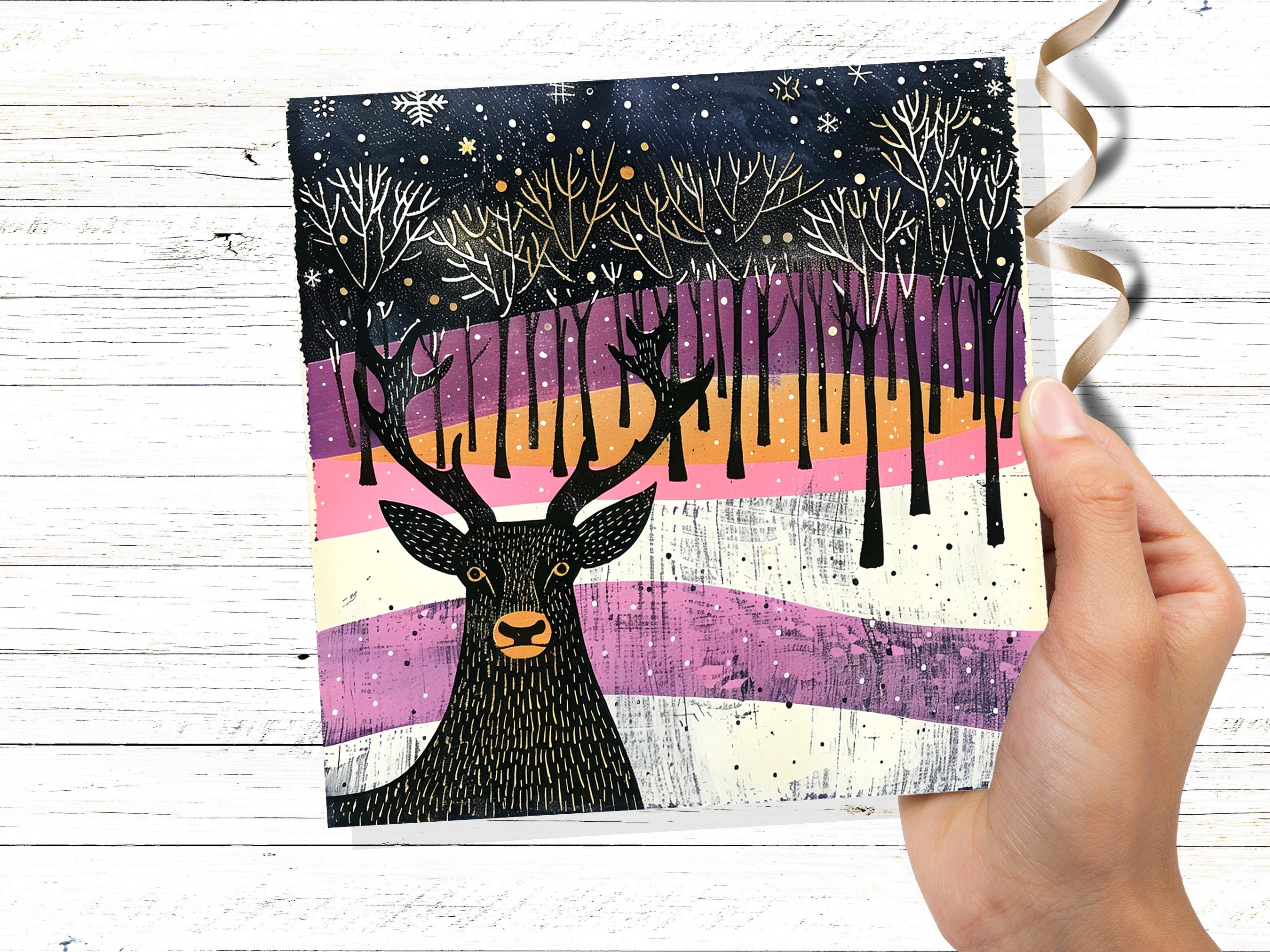 Scandinavian Linocut Deer Christmas Card Black Pink Orange Winter Forest Scene with Snowflakes Reindeer Woodland Art for Family Friends 2025