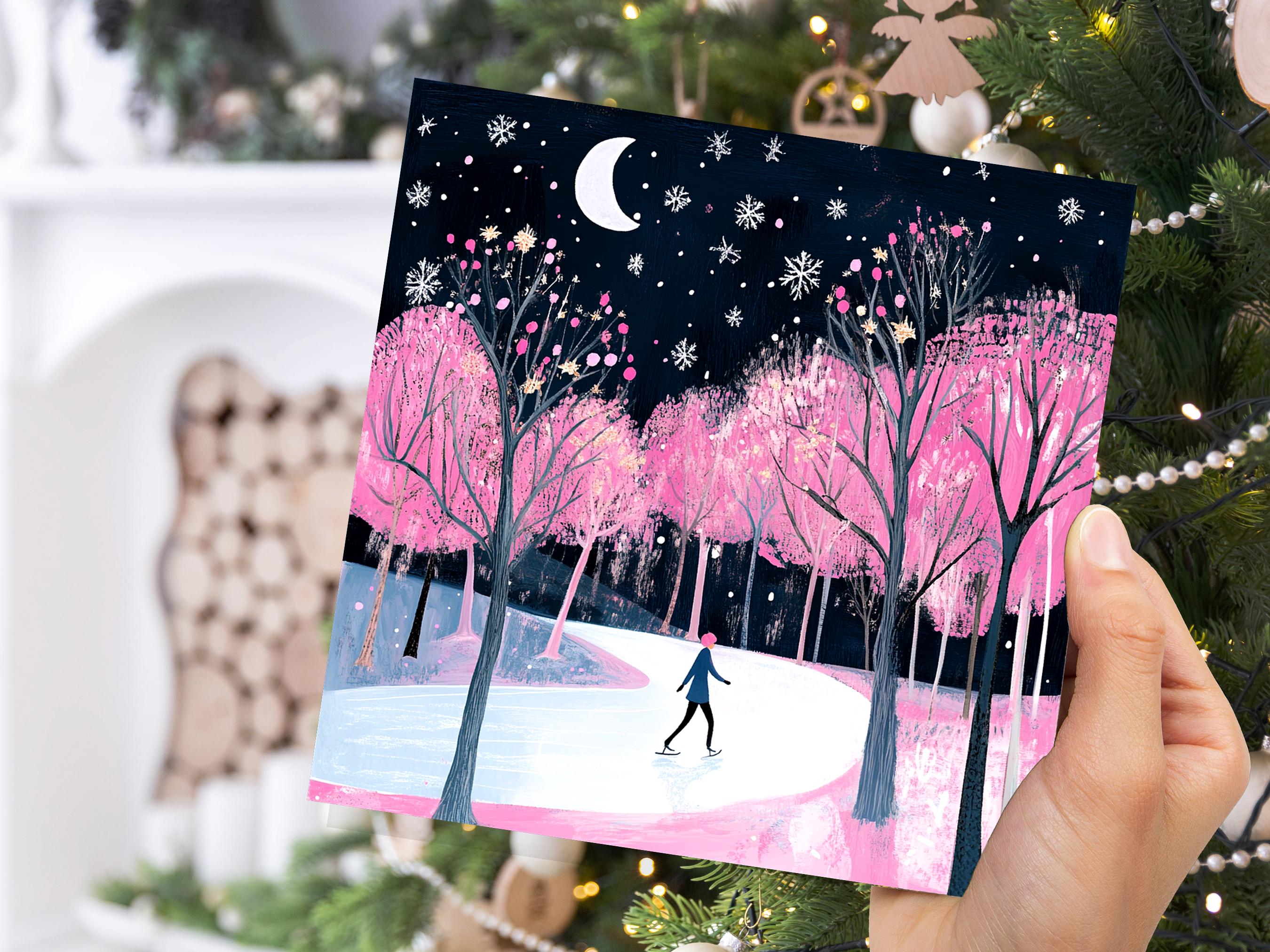 Ice Skating Christmas Card Magical Winter Night Trees Starry Night Moonlit Scene Snow Icy Frozen River Snowflakes Black and Pink Xmas 2025 - View 9