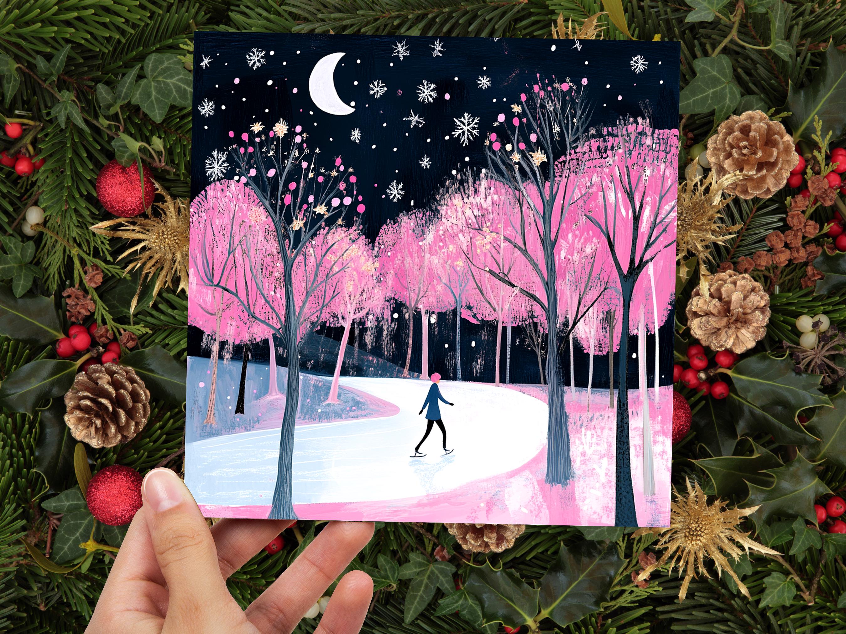 Ice Skating Christmas Card Magical Winter Night Trees Starry Night Moonlit Scene Snow Icy Frozen River Snowflakes Black and Pink Xmas 2025 - View 6