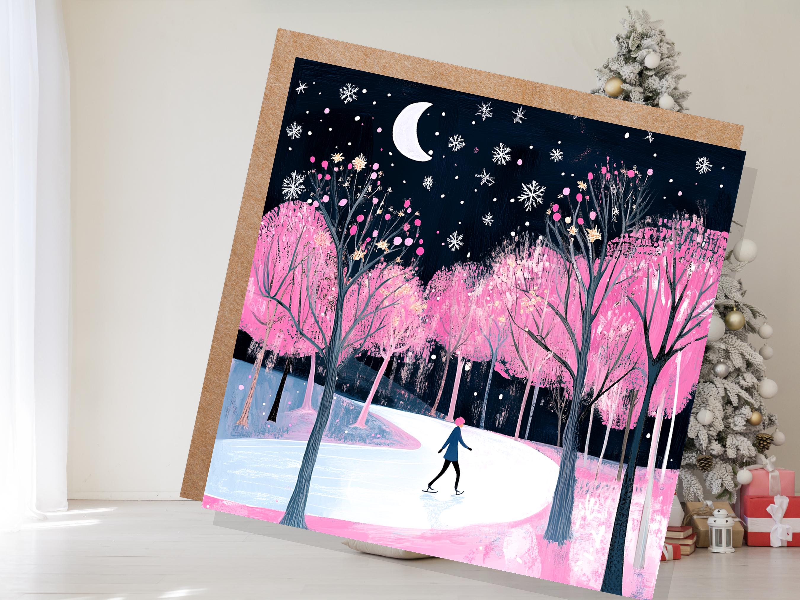 Ice Skating Christmas Card Magical Winter Night Trees Starry Night Moonlit Scene Snow Icy Frozen River Snowflakes Black and Pink Xmas 2025 - View 3