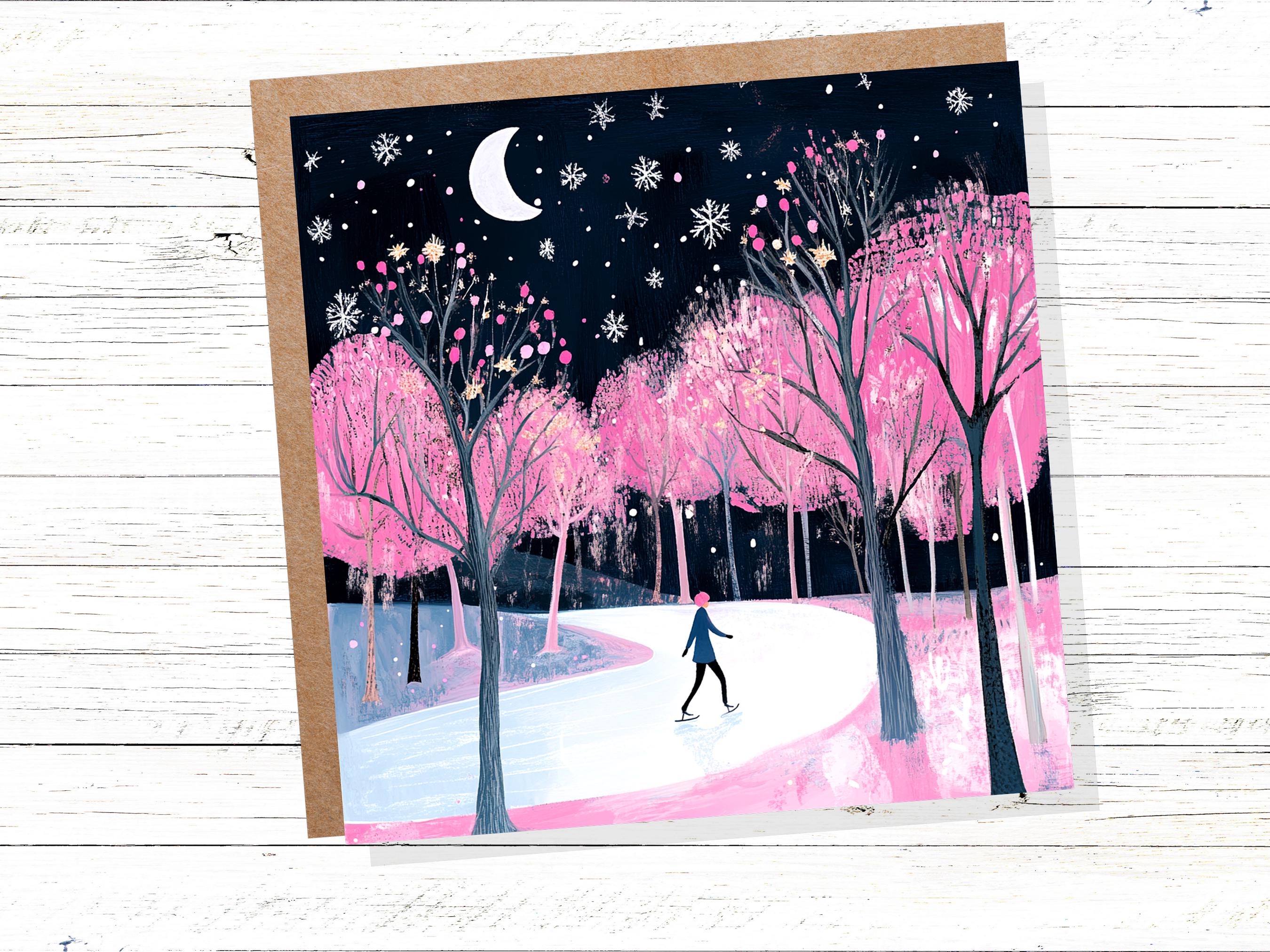 Ice Skating Christmas Card Magical Winter Night Trees Starry Night Moonlit Scene Snow Icy Frozen River Snowflakes Black and Pink Xmas 2025 - View 4