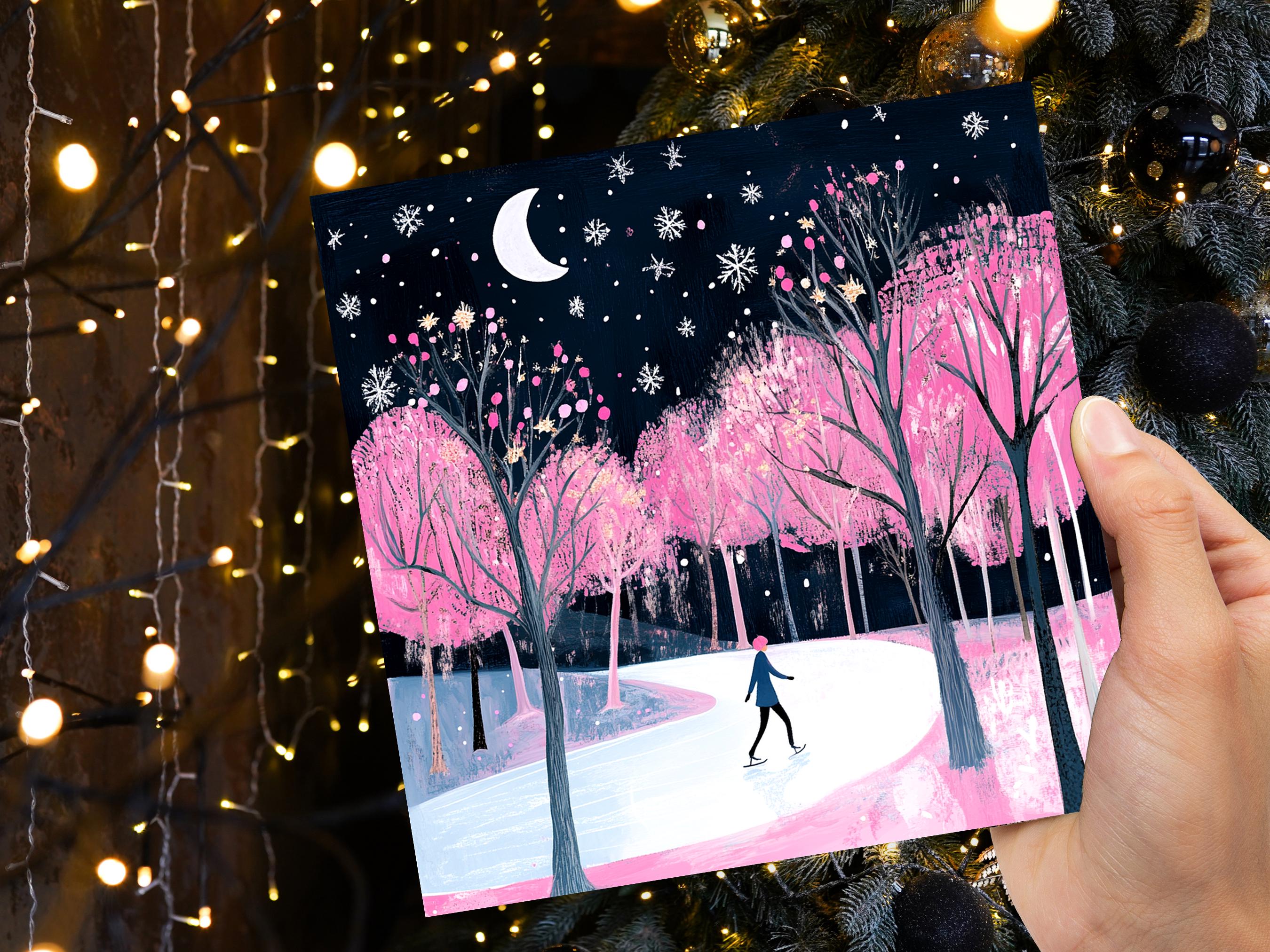 Ice Skating Christmas Card Magical Winter Night Trees Starry Night Moonlit Scene Snow Icy Frozen River Snowflakes Black and Pink Xmas 2025 - View 8