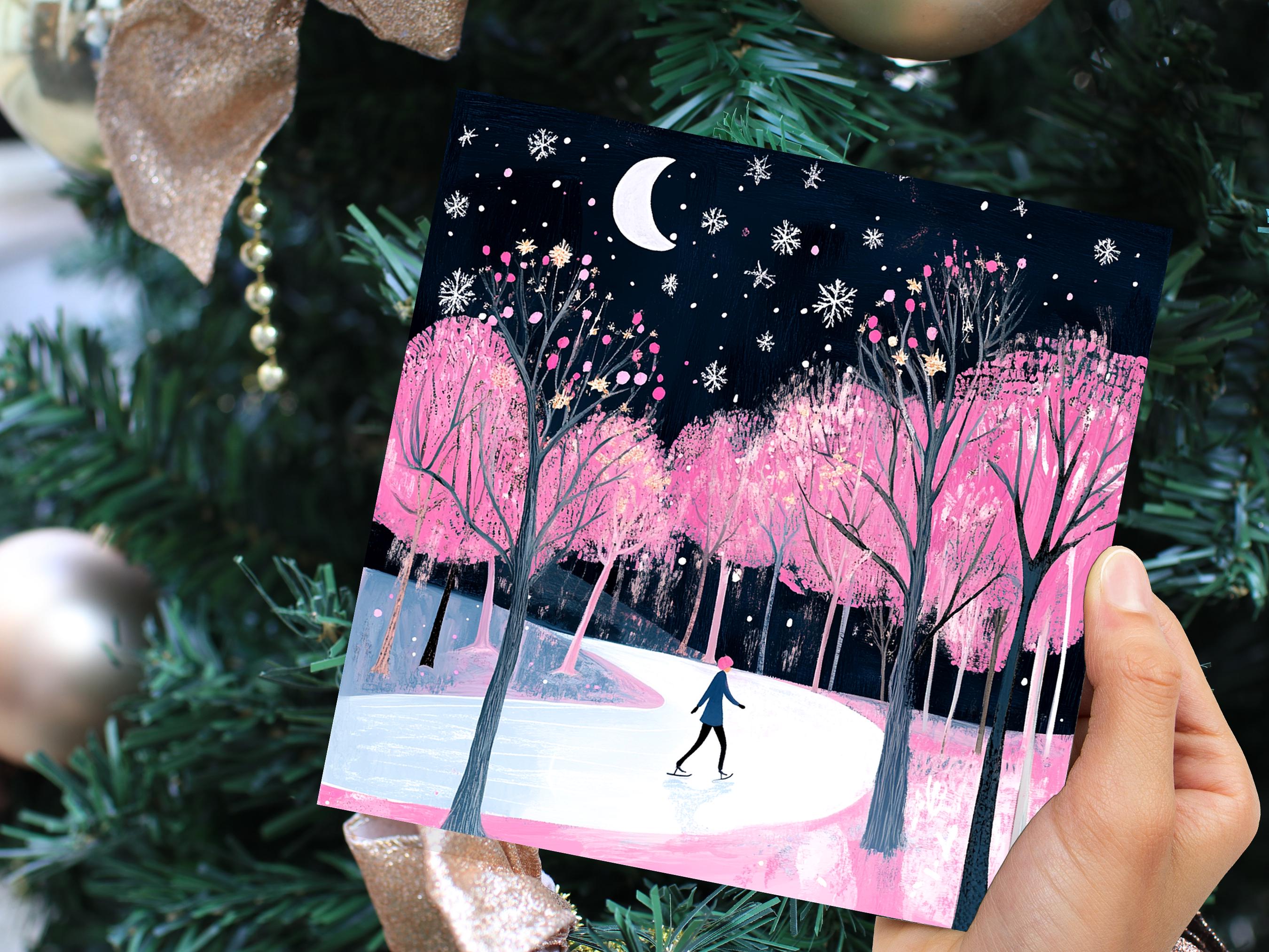 Ice Skating Christmas Card Magical Winter Night Trees Starry Night Moonlit Scene Snow Icy Frozen River Snowflakes Black and Pink Xmas 2025 - View 2