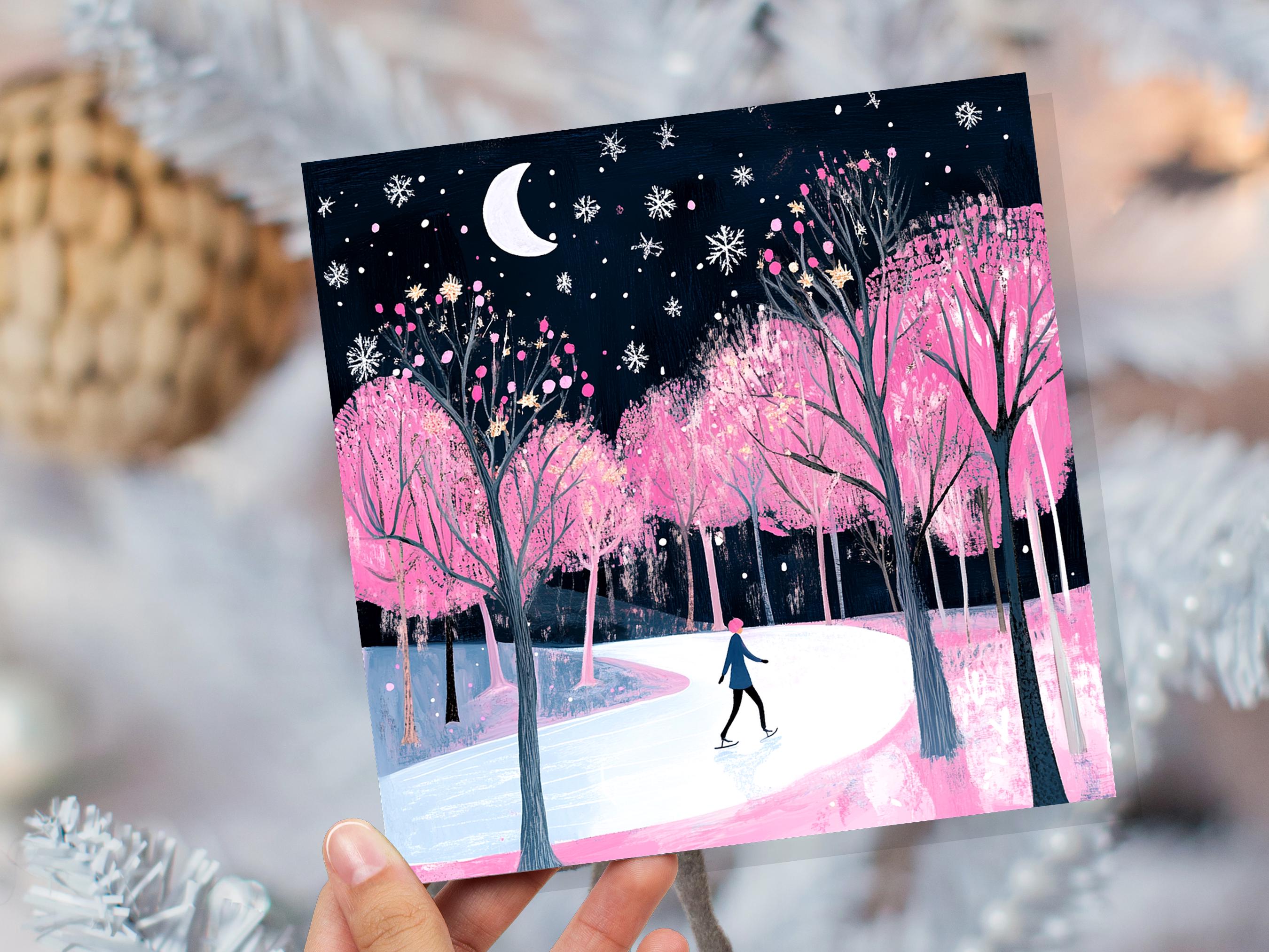 Ice Skating Christmas Card Magical Winter Night Trees Starry Night Moonlit Scene Snow Icy Frozen River Snowflakes Black and Pink Xmas 2025 - View 7