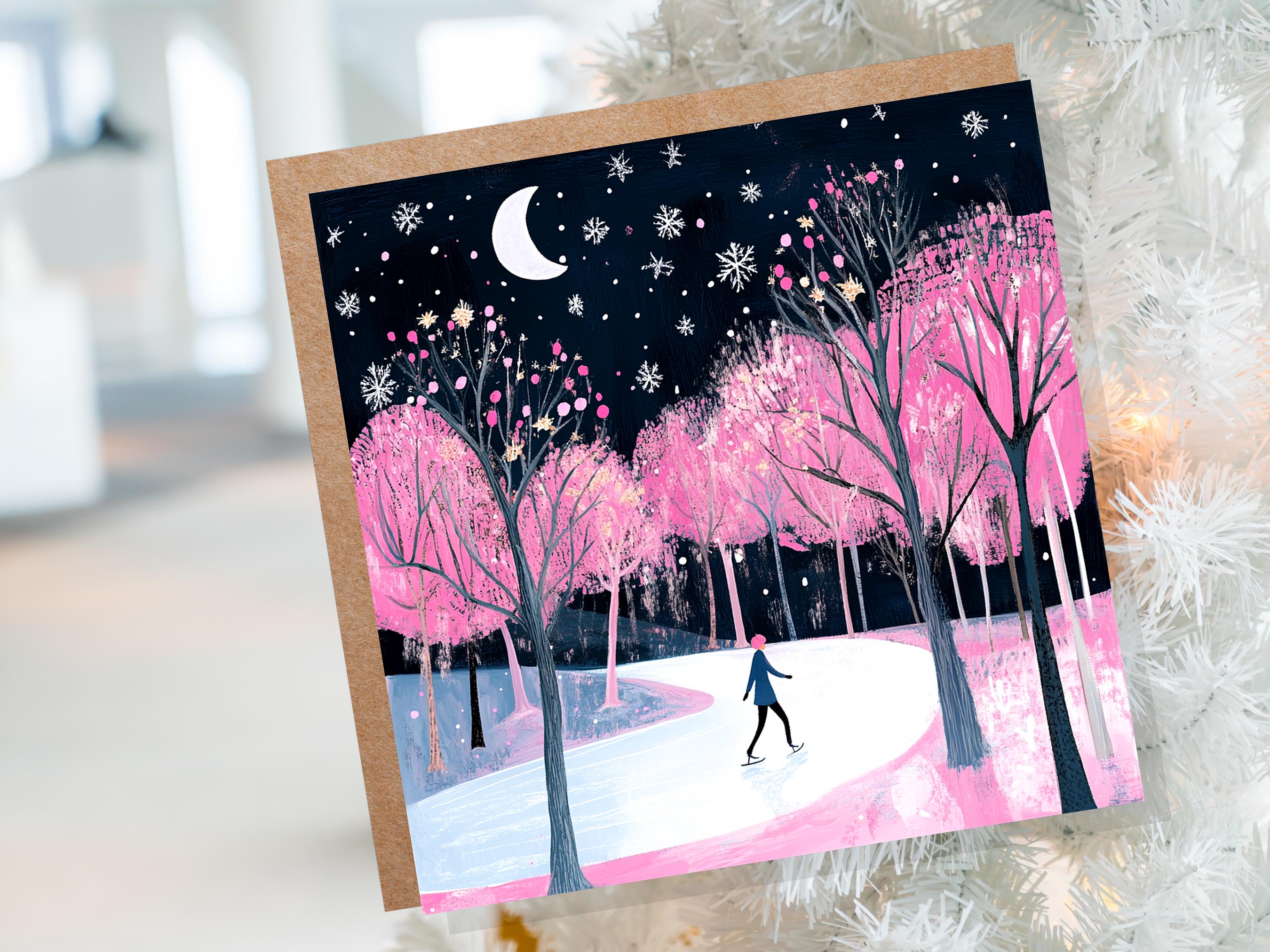 Ice Skating Christmas Card Magical Winter Night Trees Starry Night Moonlit Scene Snow Icy Frozen River Snowflakes Black and Pink Xmas 2025 - View 5