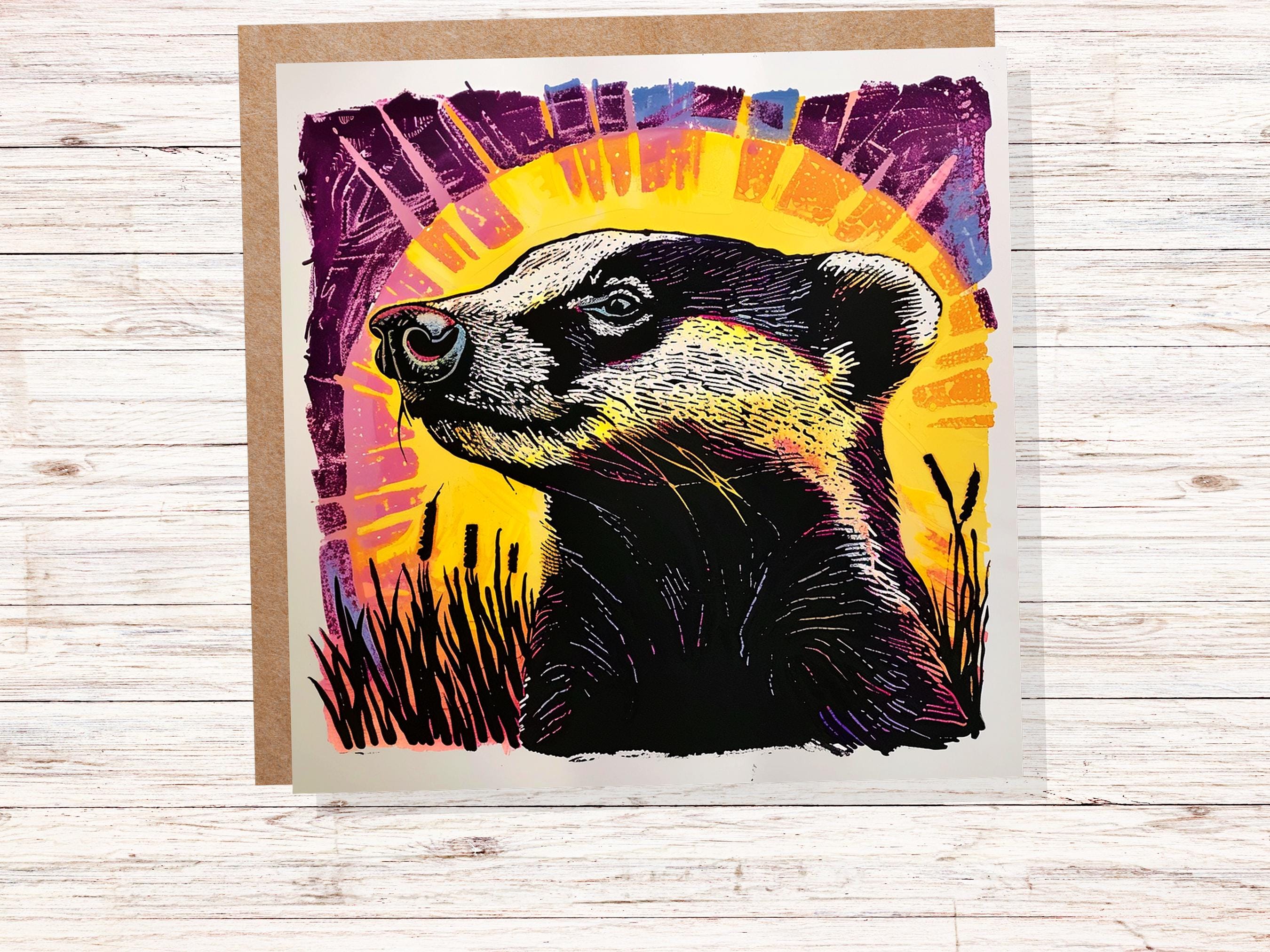 Linocut Badger Card Unique Vibrant Sunset Wildlife Art Spring Summer Countryside Farmland Scene Pink Yellow For Nature Lovers Family Friends - View 3