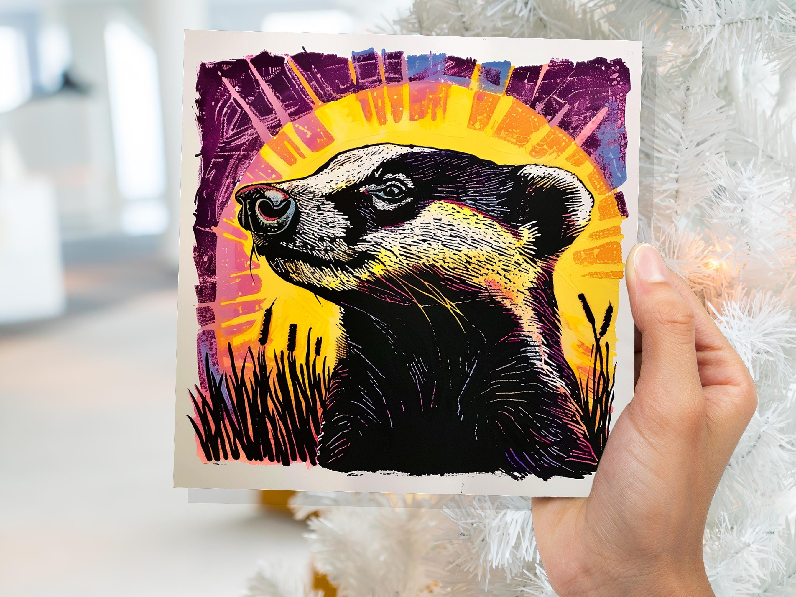Linocut Badger Card Unique Vibrant Sunset Wildlife Art Spring Summer Countryside Farmland Scene Pink Yellow For Nature Lovers Family Friends - View 7