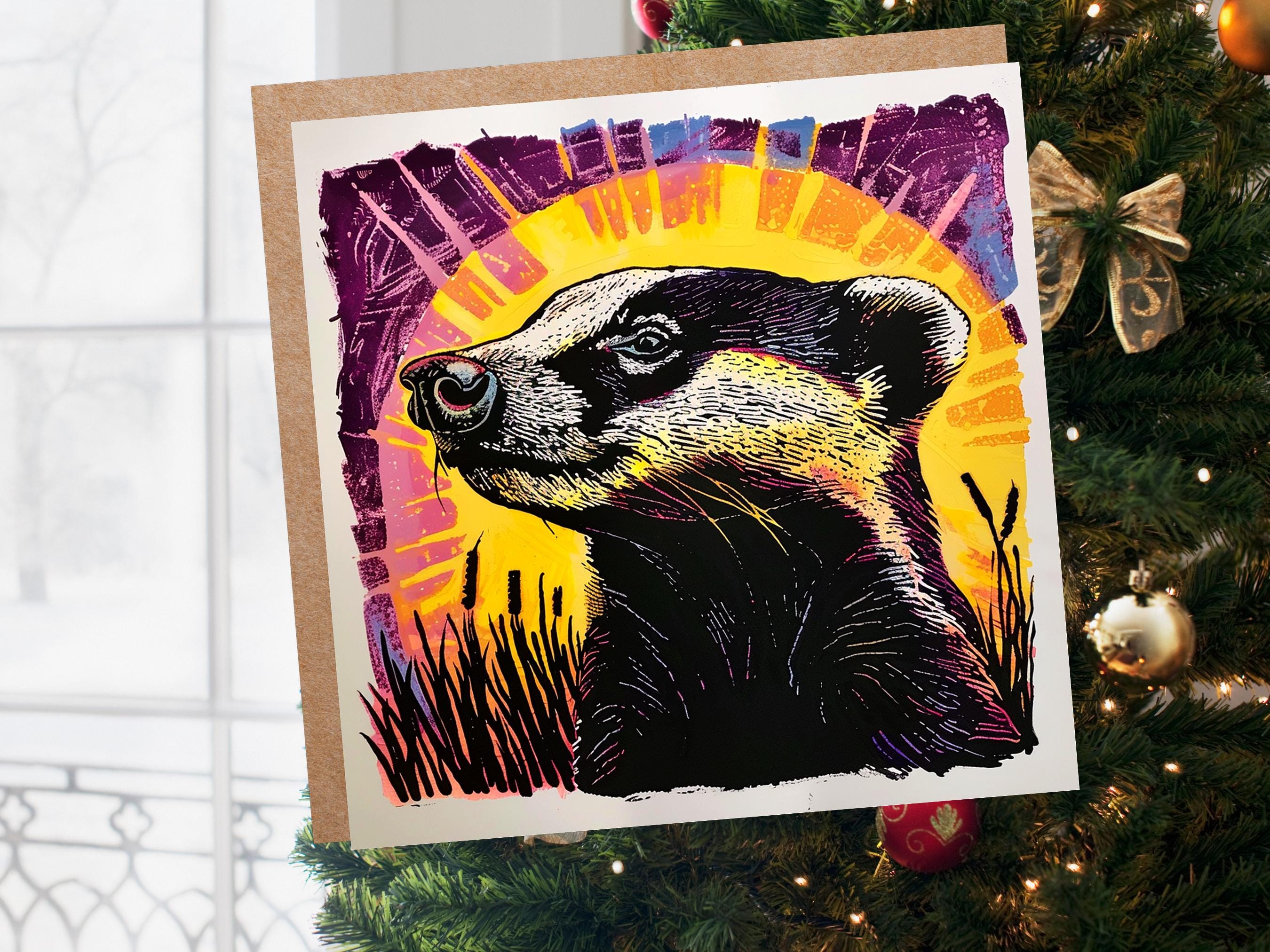 Linocut Badger Card Unique Vibrant Sunset Wildlife Art Spring Summer Countryside Farmland Scene Pink Yellow For Nature Lovers Family Friends - View 4