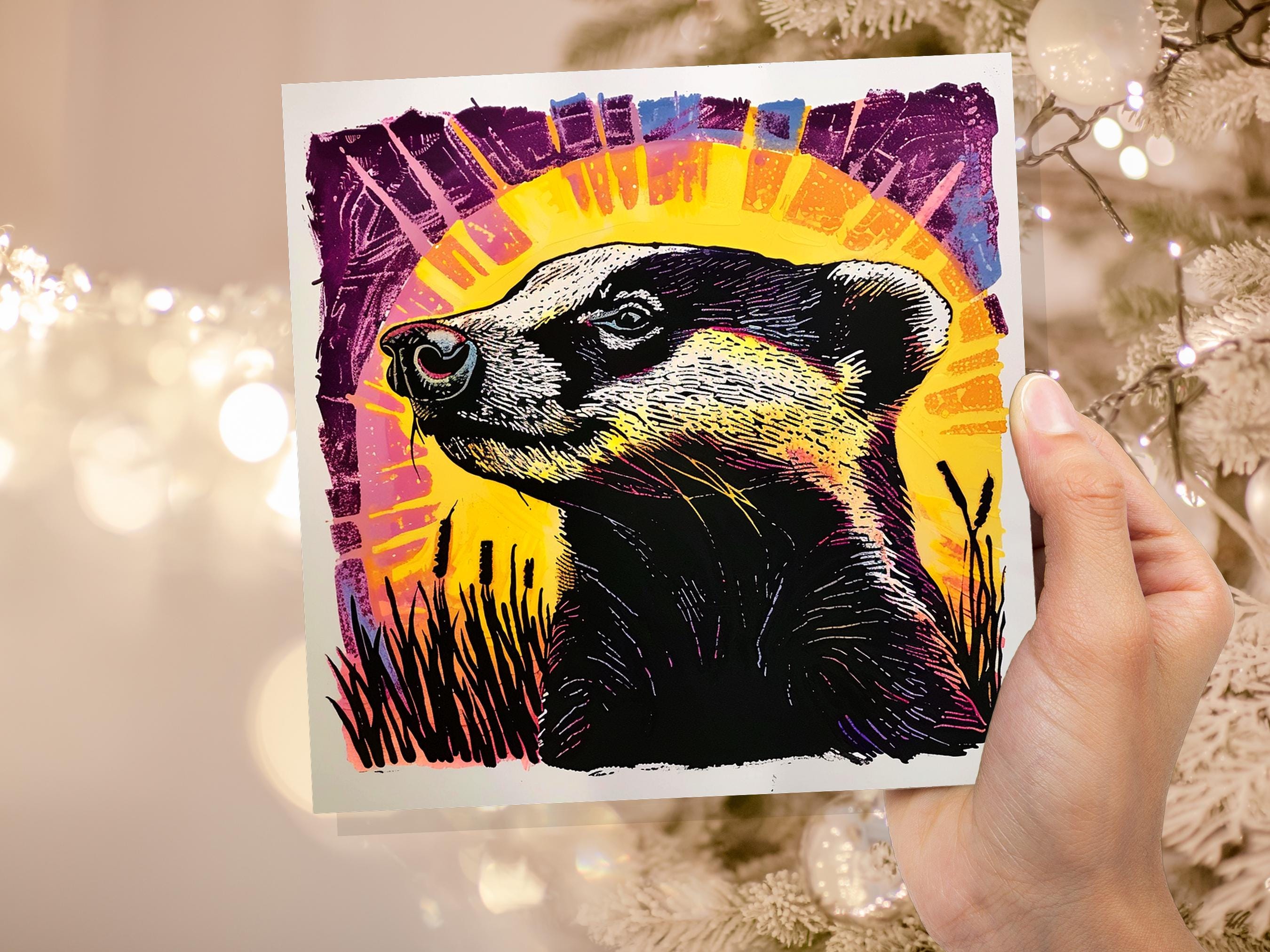 Linocut Badger Card Unique Vibrant Sunset Wildlife Art Spring Summer Countryside Farmland Scene Pink Yellow For Nature Lovers Family Friends - View 2