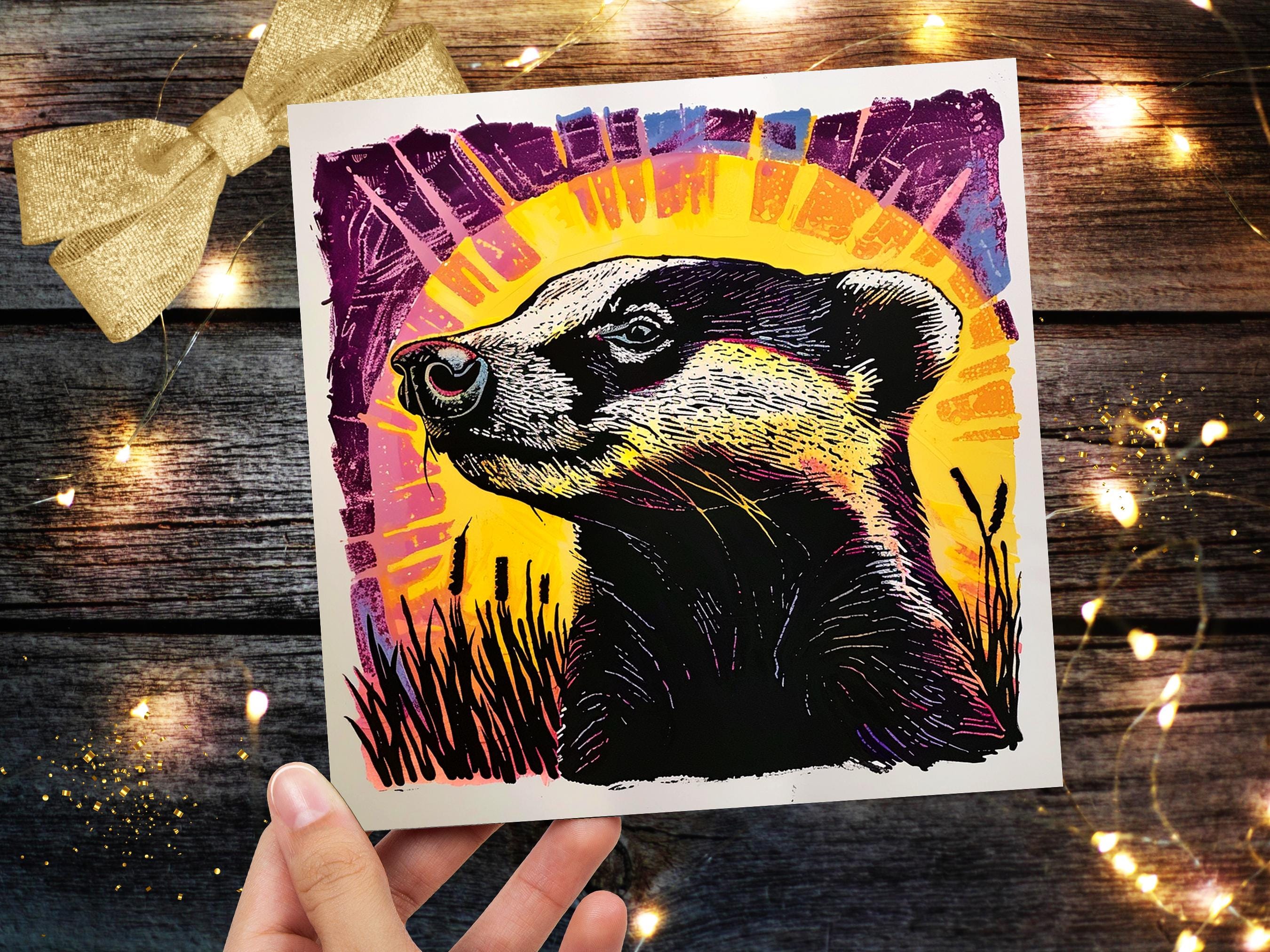 Linocut Badger Card Unique Vibrant Sunset Wildlife Art Spring Summer Countryside Farmland Scene Pink Yellow For Nature Lovers Family Friends - View 5