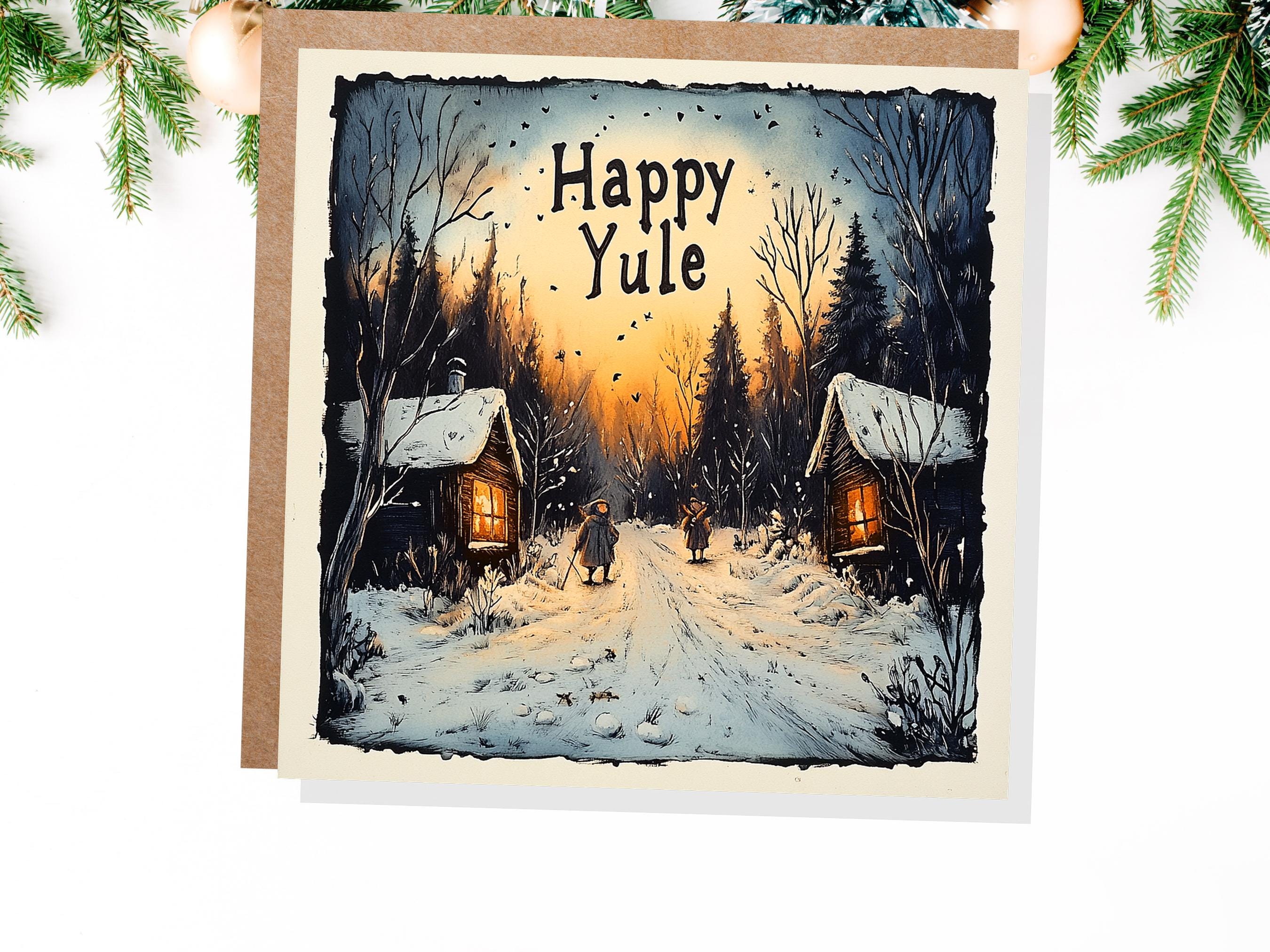 Happy Yule Pagan Holiday Card Yuletide Greetings Vintage Snowy Winter Solstice Forest Log Cabin Village Scene Cosy Lights New for Yule 2025 - View 9