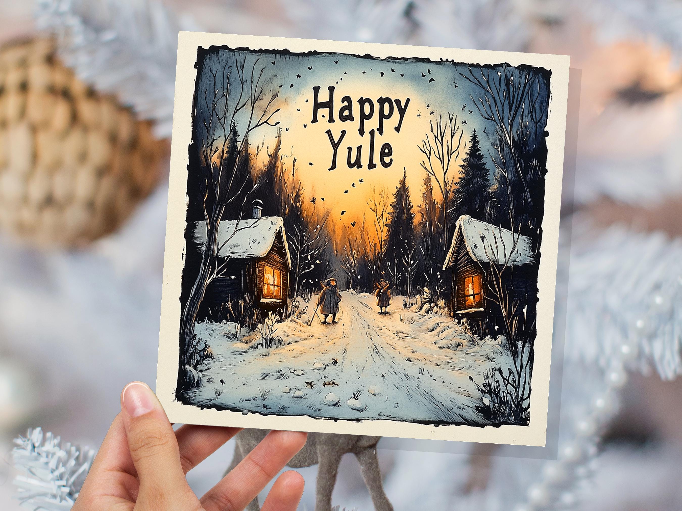 Happy Yule Pagan Holiday Card Yuletide Greetings Vintage Snowy Winter Solstice Forest Log Cabin Village Scene Cosy Lights New for Yule 2025 - View 6